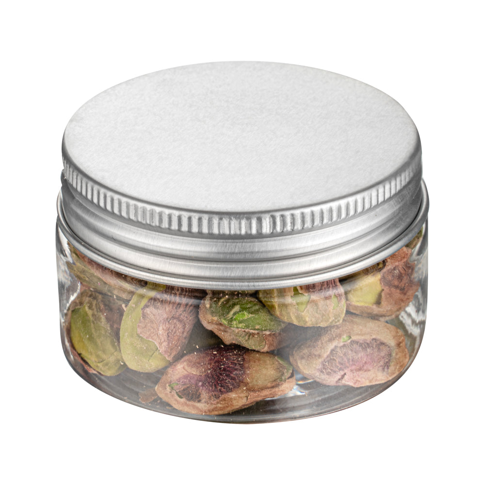 RW Base 1 oz Round Clear Plastic Candy and Snack Jar - with Silver Aluminum Lid - 2" x 2" x 1 1/4" - 100 count box