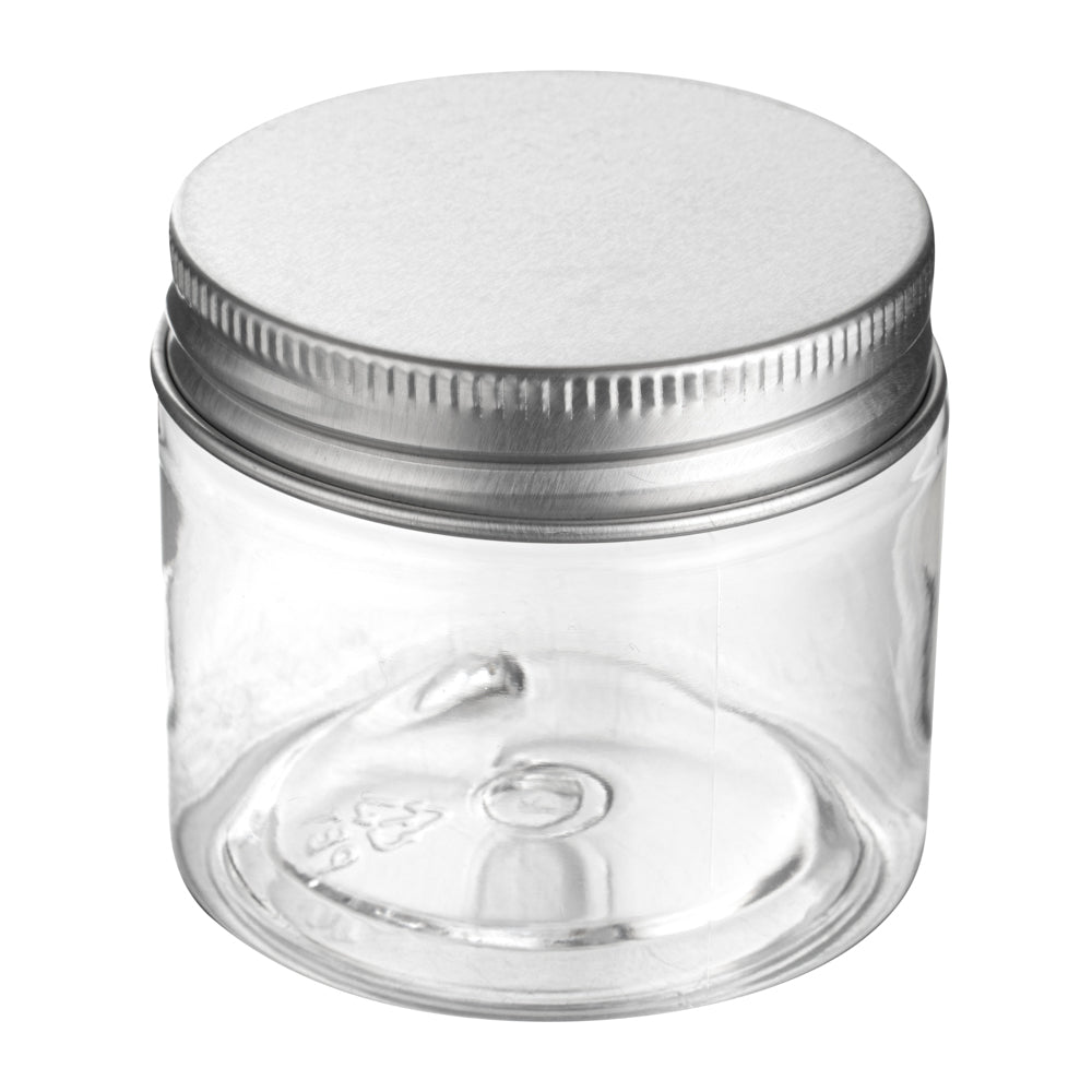 RW Base 2 oz Round Clear Plastic Candy and Snack Jar - with Silver Aluminum Lid - 2" x 2" x 1 3/4" - 100 count box