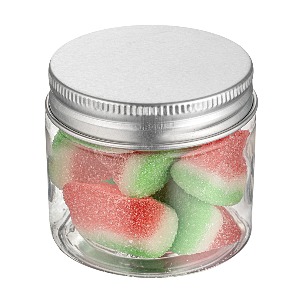 RW Base 2 oz Round Clear Plastic Candy and Snack Jar - with Silver Aluminum Lid - 2" x 2" x 1 3/4" - 100 count box