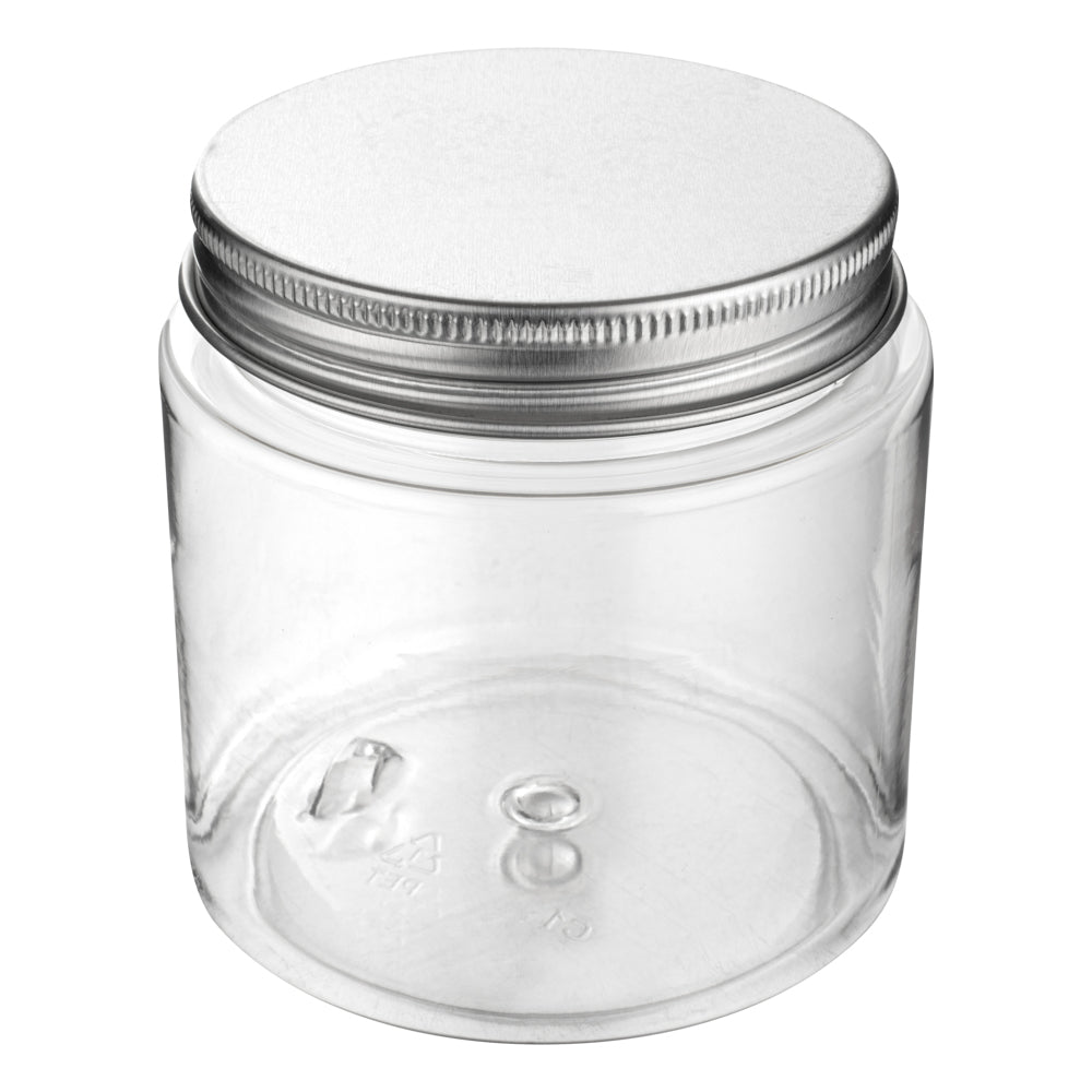 RW Base 8 oz Round Clear Plastic Candy and Snack Jar - with Silver Aluminum Lid - 3" x 3" x 3" - 100 count box