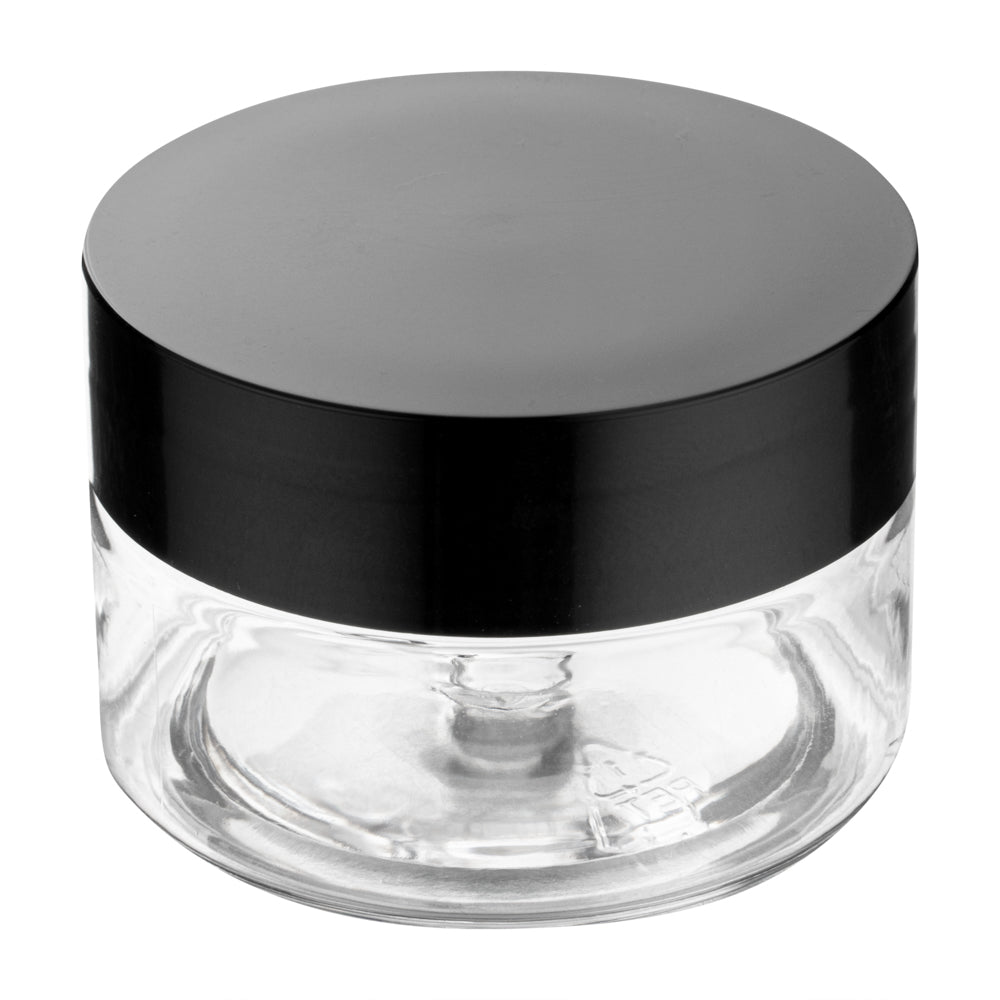 RW Base 1 oz Round Clear Plastic Candy and Snack Jar - with Black Plastic Lid - 2" x 2" x 1 1/4" - 100 count box