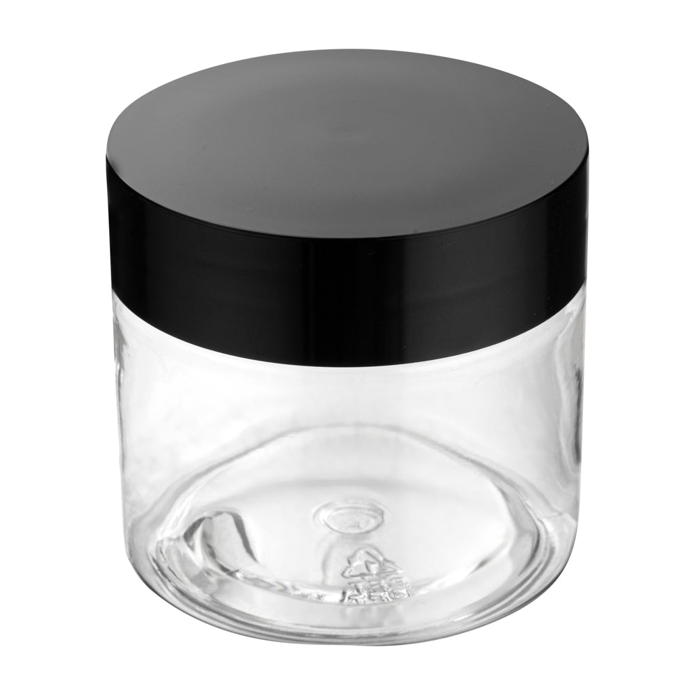 RW Base 2 oz Round Clear Plastic Candy and Snack Jar - with Black Plastic Lid - 2" x 2" x 1 3/4" - 100 count box