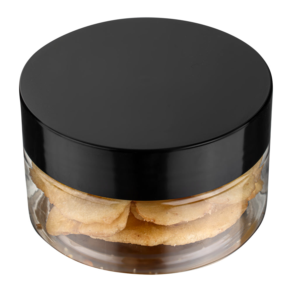 RW Base 4 oz Round Clear Plastic Candy and Snack Jar - with Black Plastic Lid - 2 3/4" x 2 3/4" x 1 1/2" - 100 count box