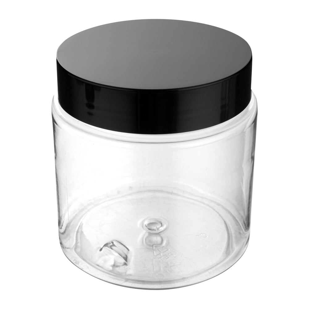 RW Base 8 oz Round Clear Plastic Candy and Snack Jar - with Black Plastic Lid - 3" x 3" x 3" - 100 count box