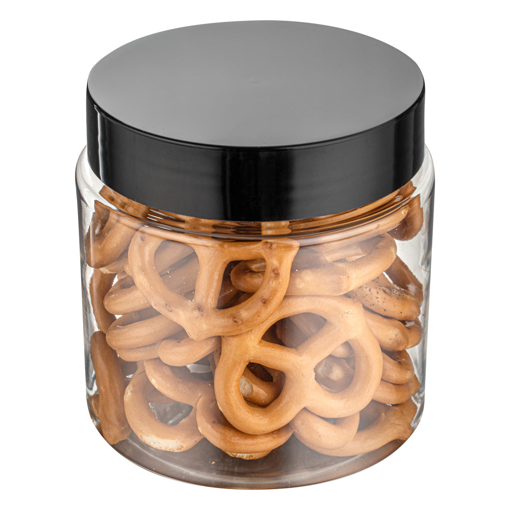 RW Base 8 oz Round Clear Plastic Candy and Snack Jar - with Black Plastic Lid - 3" x 3" x 3" - 100 count box