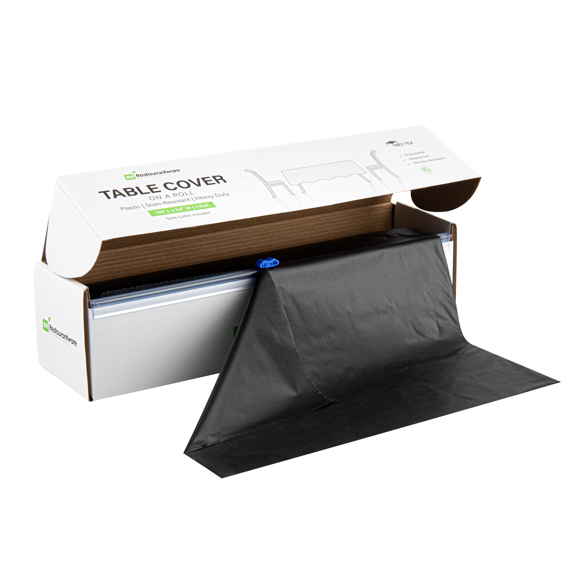 Table Tek Black Plastic Table Cover Roll - with Slide Cutter - 100' x 54" - 10 count box