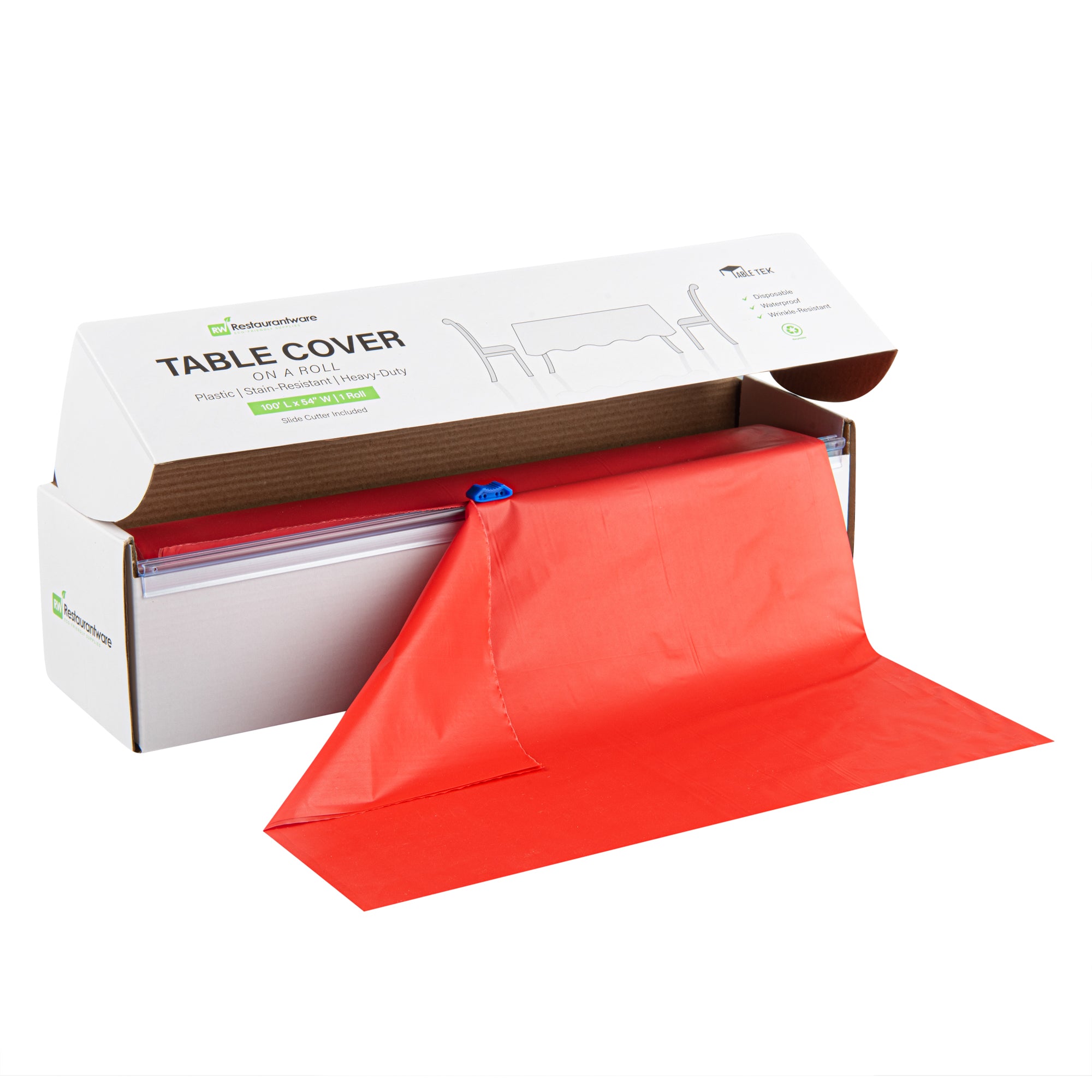 Table Tek Red Plastic Table Cover Roll - with Slide Cutter - 100' x 54" - 10 count box