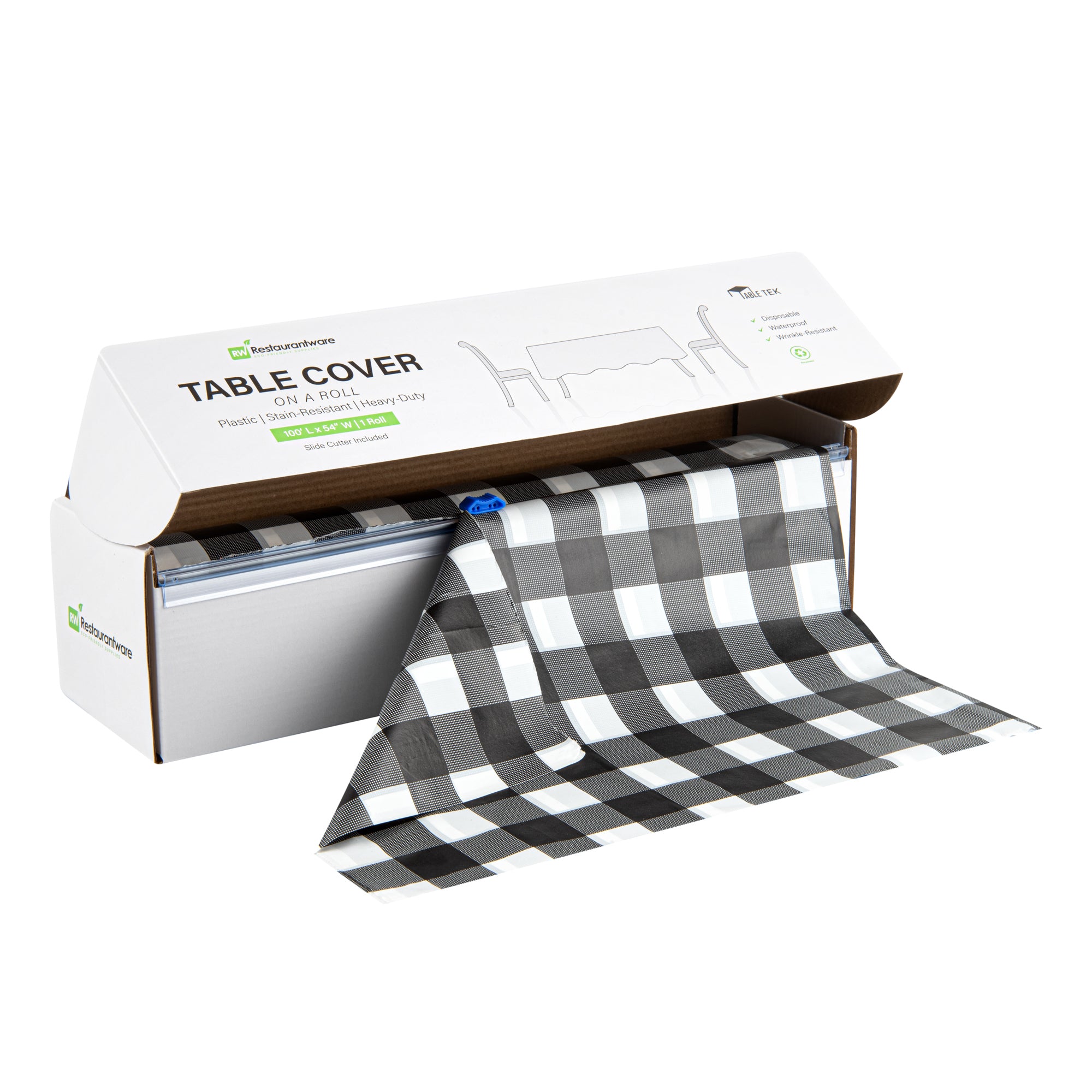 Table Tek Black Gingham Plastic Table Cover Roll - with Slide Cutter - 100' x 54" - 10 count box