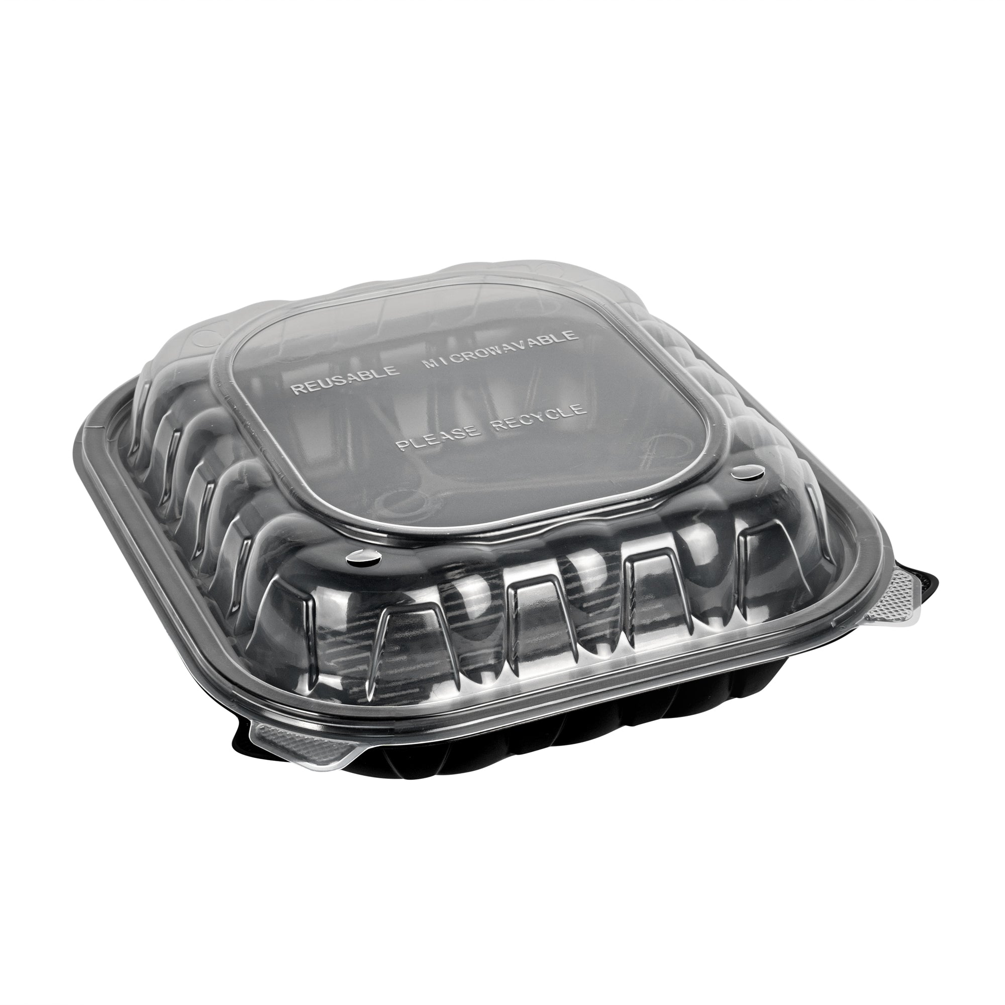 Thermo Tek 54 oz Black Plastic Clamshell Container - 3 Compartments, Microwavable - 10 1/4" x 9" x 3" - 100 count box