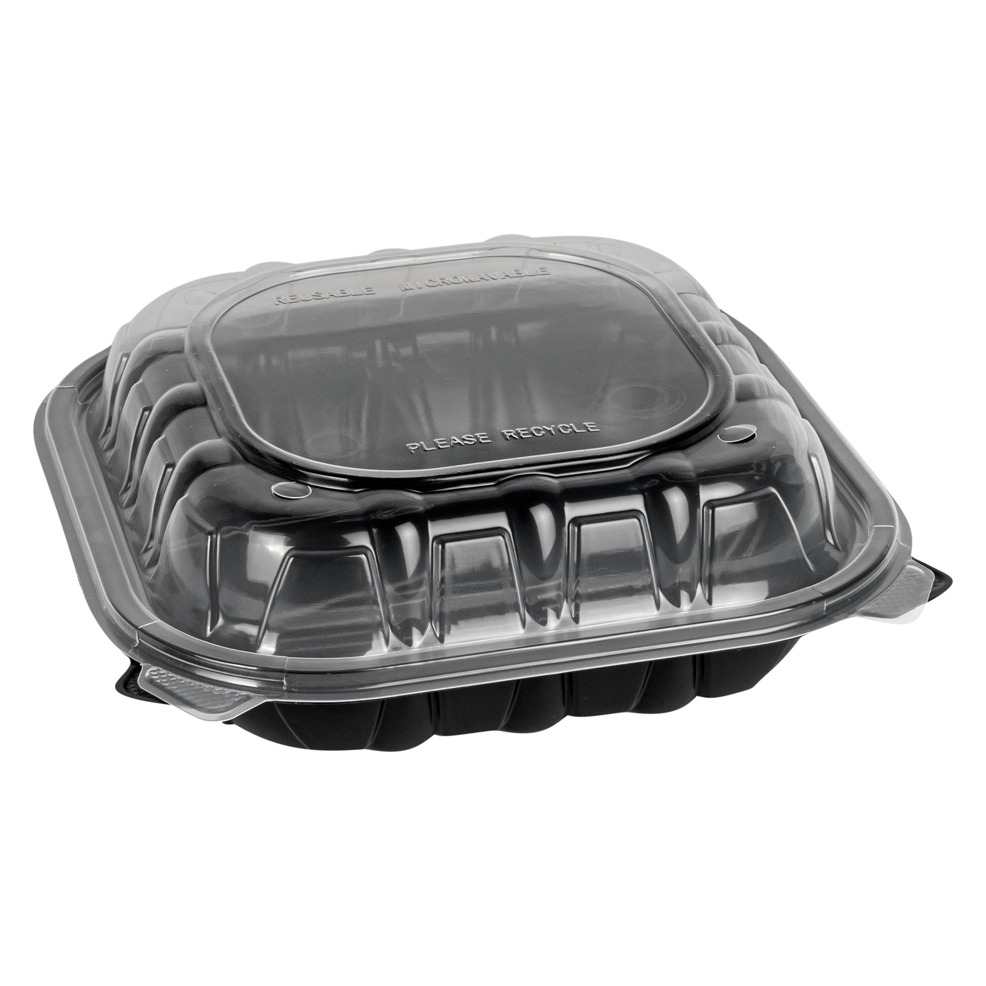 Thermo Tek 40 oz Black Plastic Clamshell Container - 3 Compartments, Microwavable - 9" x 9" x 3" - 100 count box