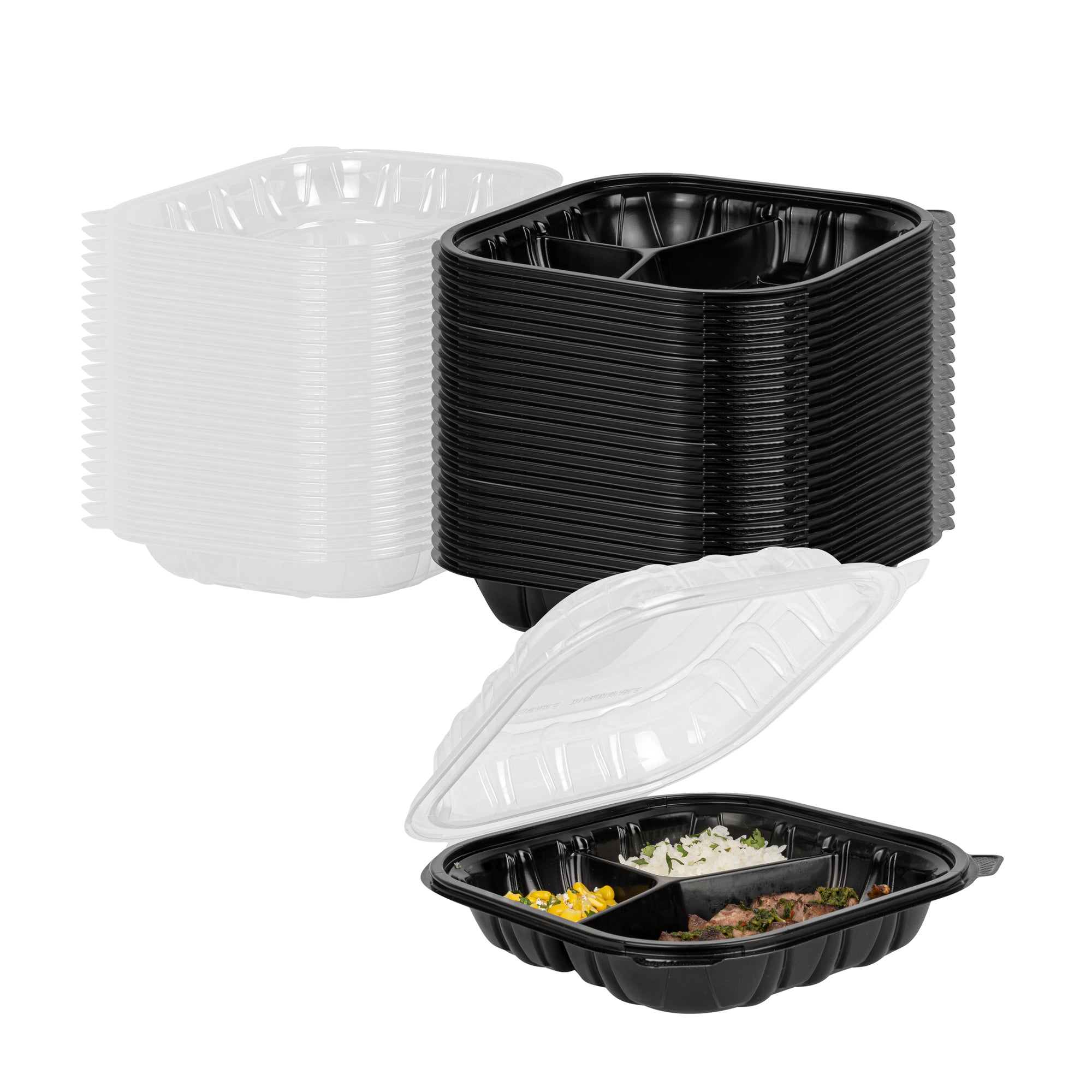 Thermo Tek 40 oz Black Plastic Clamshell Container - 3 Compartments, Microwavable - 9" x 9" x 3" - 100 count box