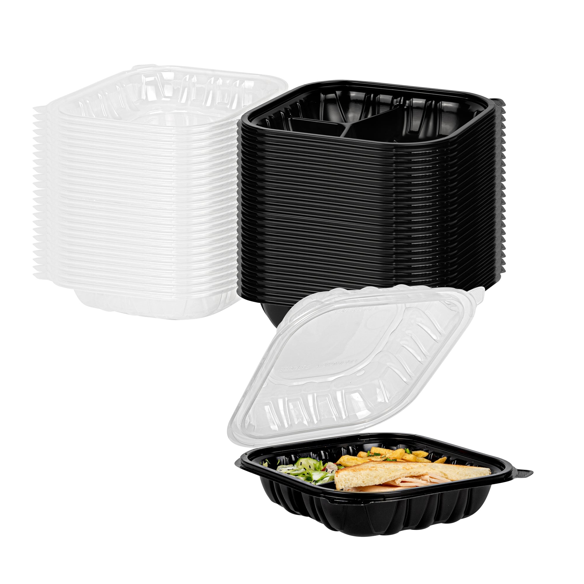 Thermo Tek 34 oz Black Plastic Clamshell Container - 3 Compartments, Microwavable - 8" x 8" x 3" - 100 count box