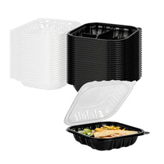 Thermo Tek 34 oz Black Plastic Clamshell Container - 3 Compartments, Microwavable - 8