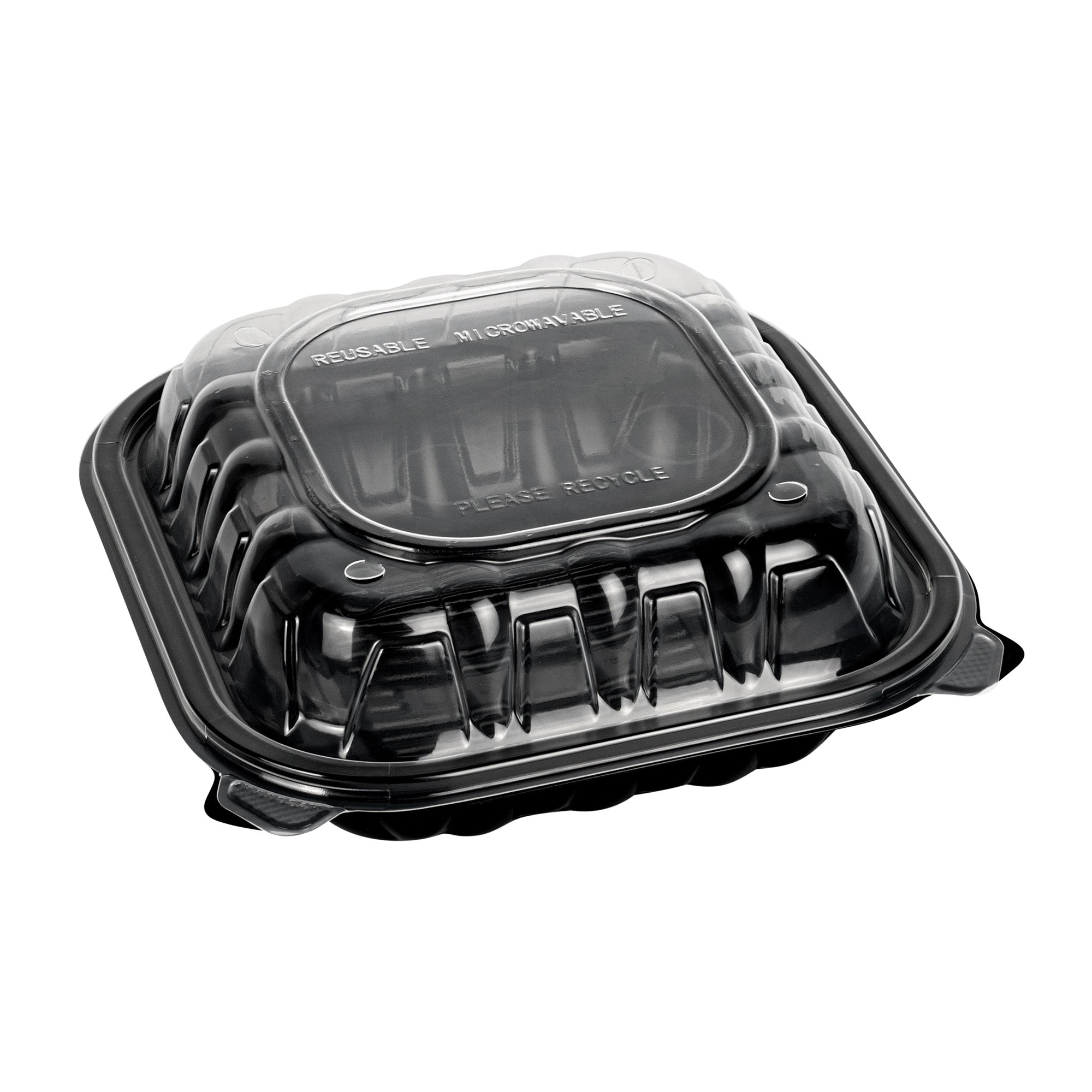 Thermo Tek 34 oz Black Plastic Clamshell Container - Microwavable - 8" x 8" x 3" - 100 count box