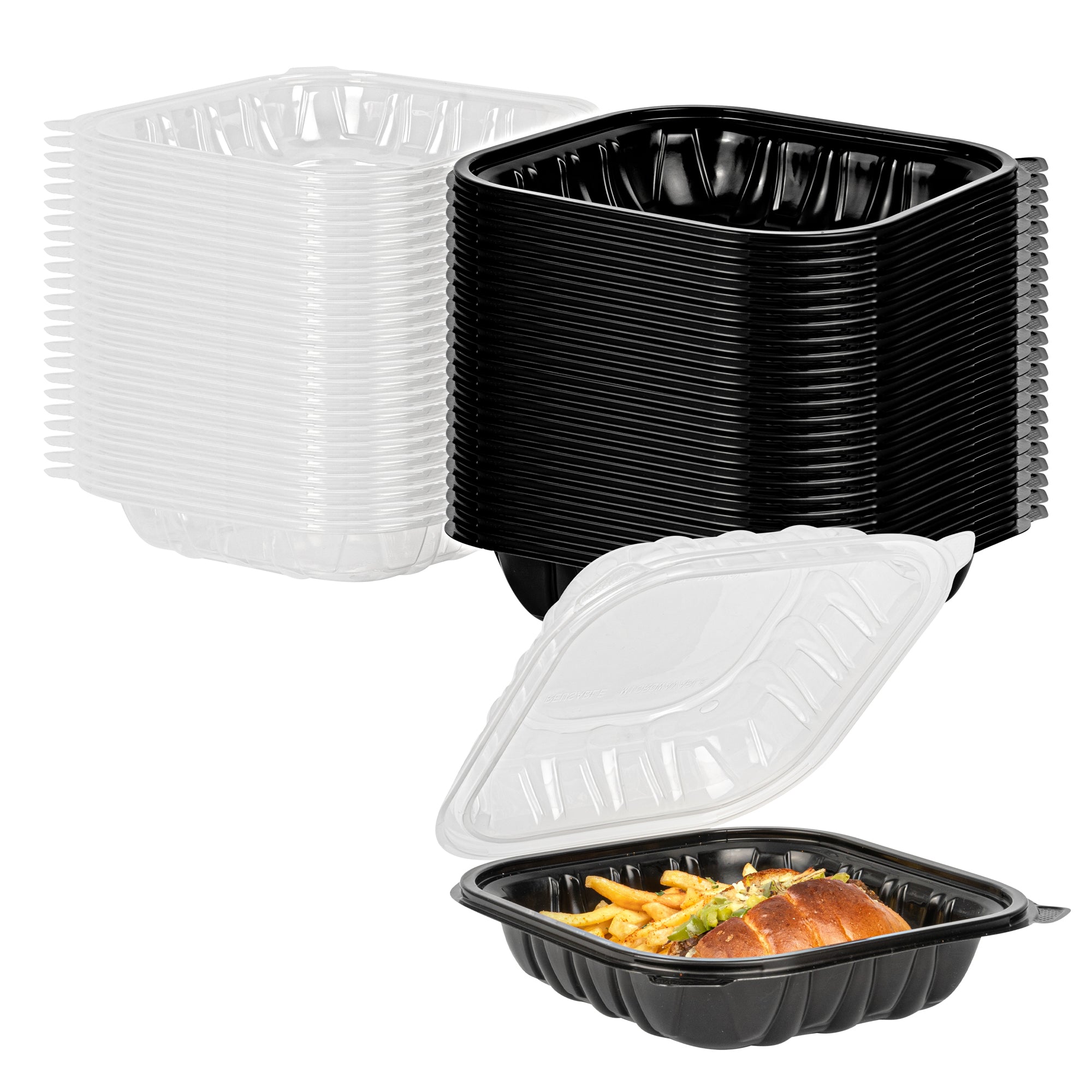 Thermo Tek 34 oz Black Plastic Clamshell Container - Microwavable - 8" x 8" x 3" - 100 count box