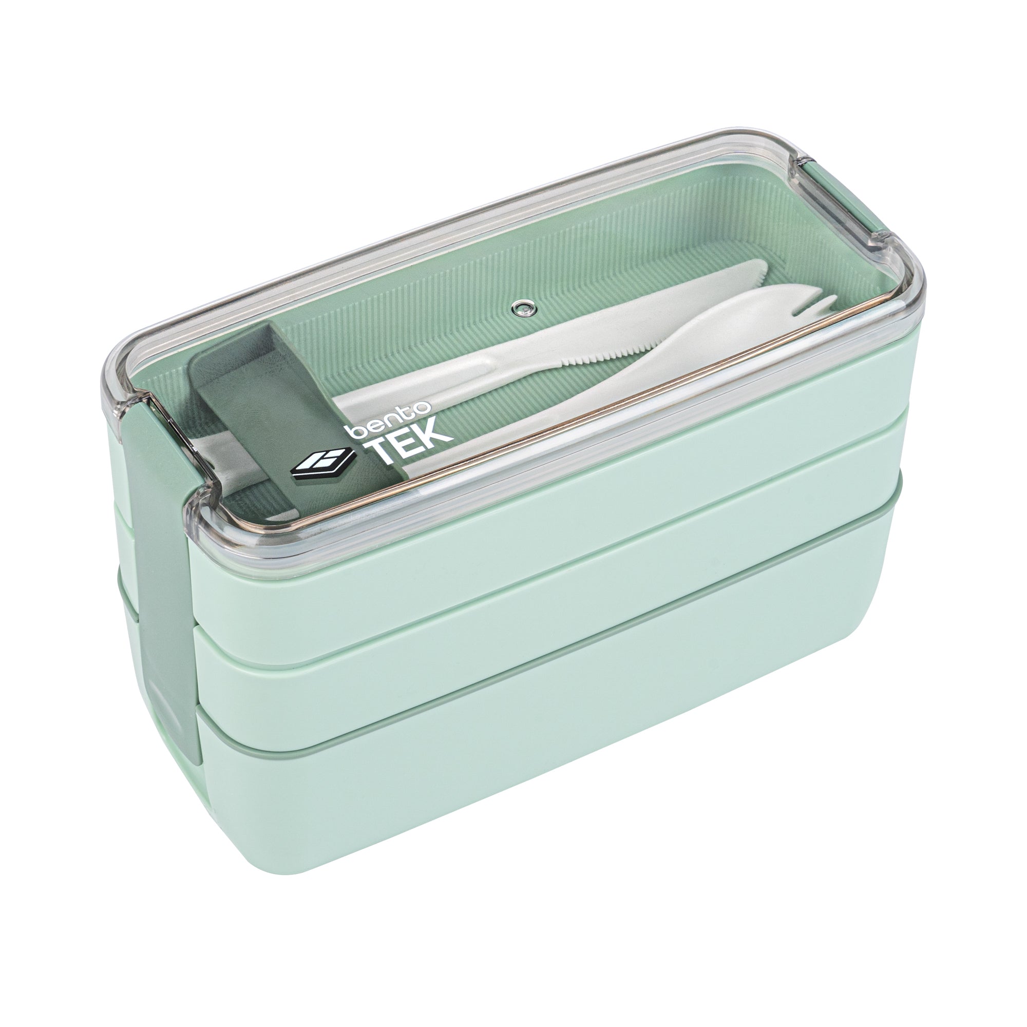 Bento Tek 30 oz Green 3-In-1 Lunch Box - BPA-Free, Microwave-Safe, with Fork and Knife - 7 1/2" x 3 1/4" x 4 1/2" - 10 count box