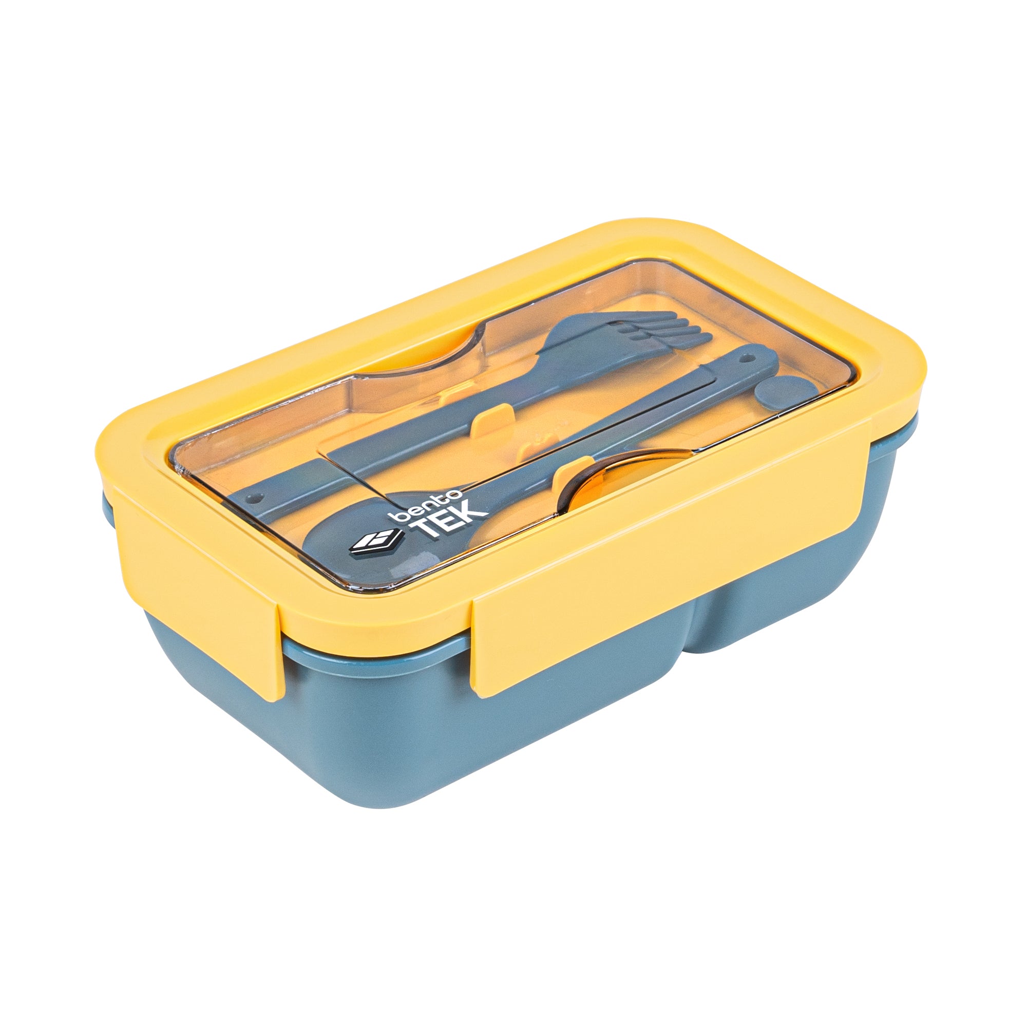 Bento Tek 29 oz Blue and Yellow Lunch Box - BPA-Free, Microwave-Safe, with Fork and Spoon - 7 3/4" x 4 3/4" x 2 3/4" - 10 count box