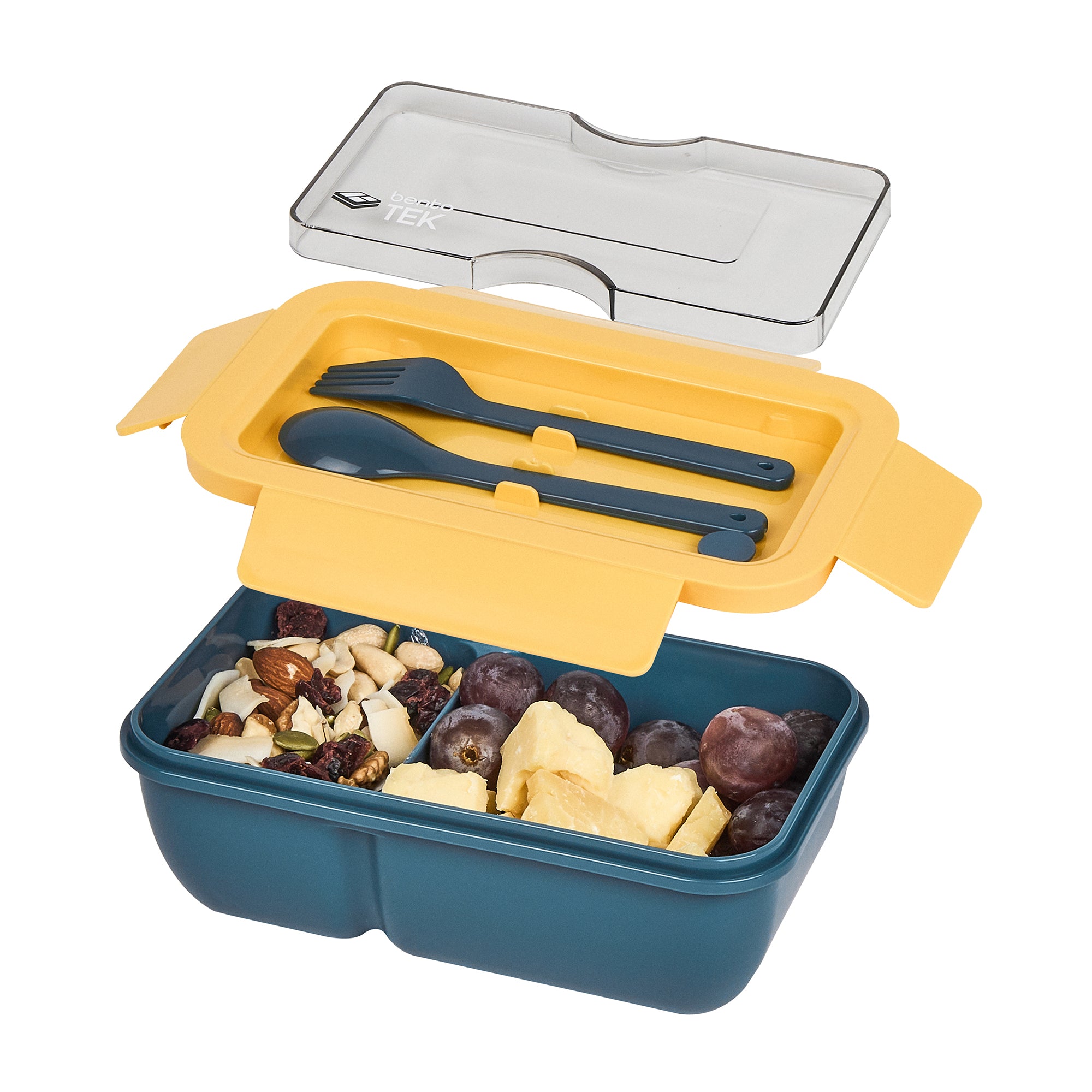 Bento Tek 29 oz Blue and Yellow Lunch Box - BPA-Free, Microwave-Safe, with Fork and Spoon - 7 3/4" x 4 3/4" x 2 3/4" - 10 count box