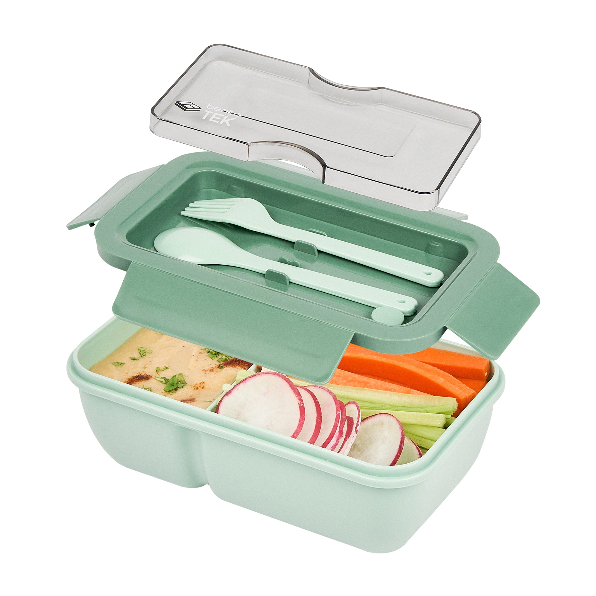 Bento Tek 29 oz Green Lunch Box - BPA-Free, Microwave-Safe, with Fork and Spoon - 7 3/4" x 4 3/4" x 2 3/4" - 10 count box