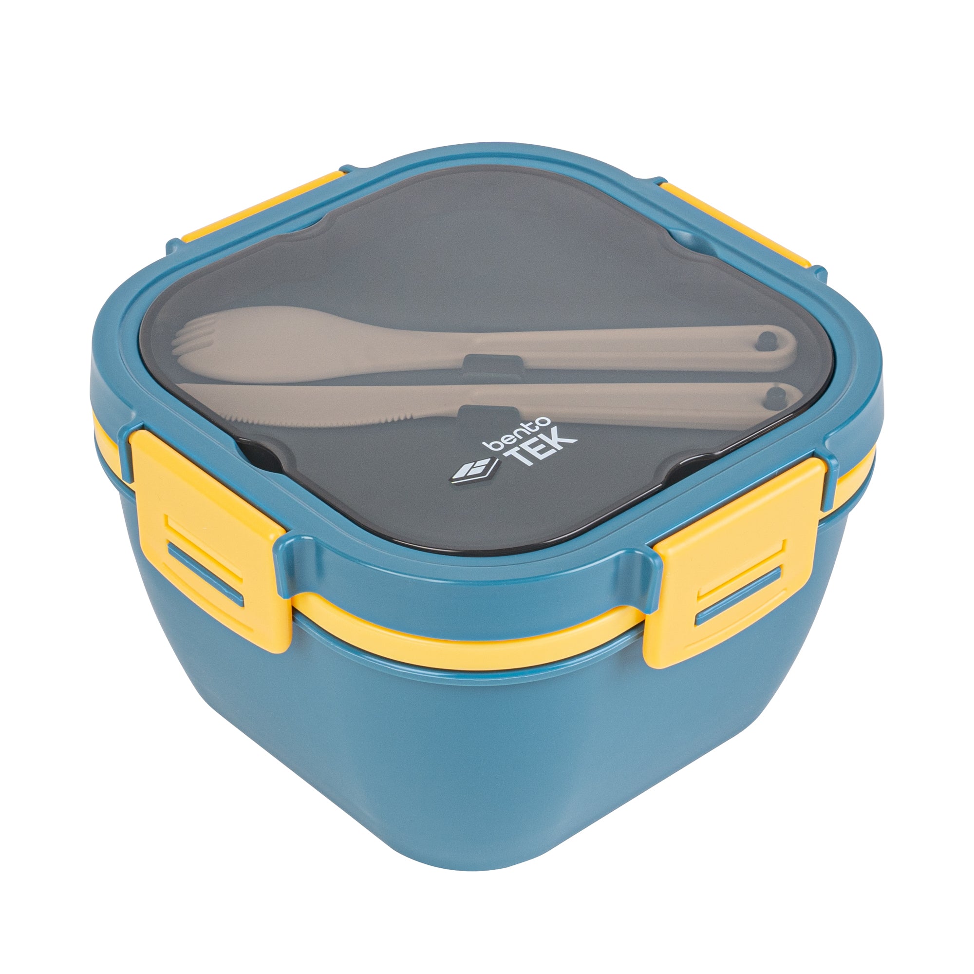 Bento Tek 58 oz Blue and Yellow Lunch Box - BPA-Free, Microwave-Safe, with Fork and Knife - 7 1/4" x 7 1/4" x 4 1/4" - 10 count box