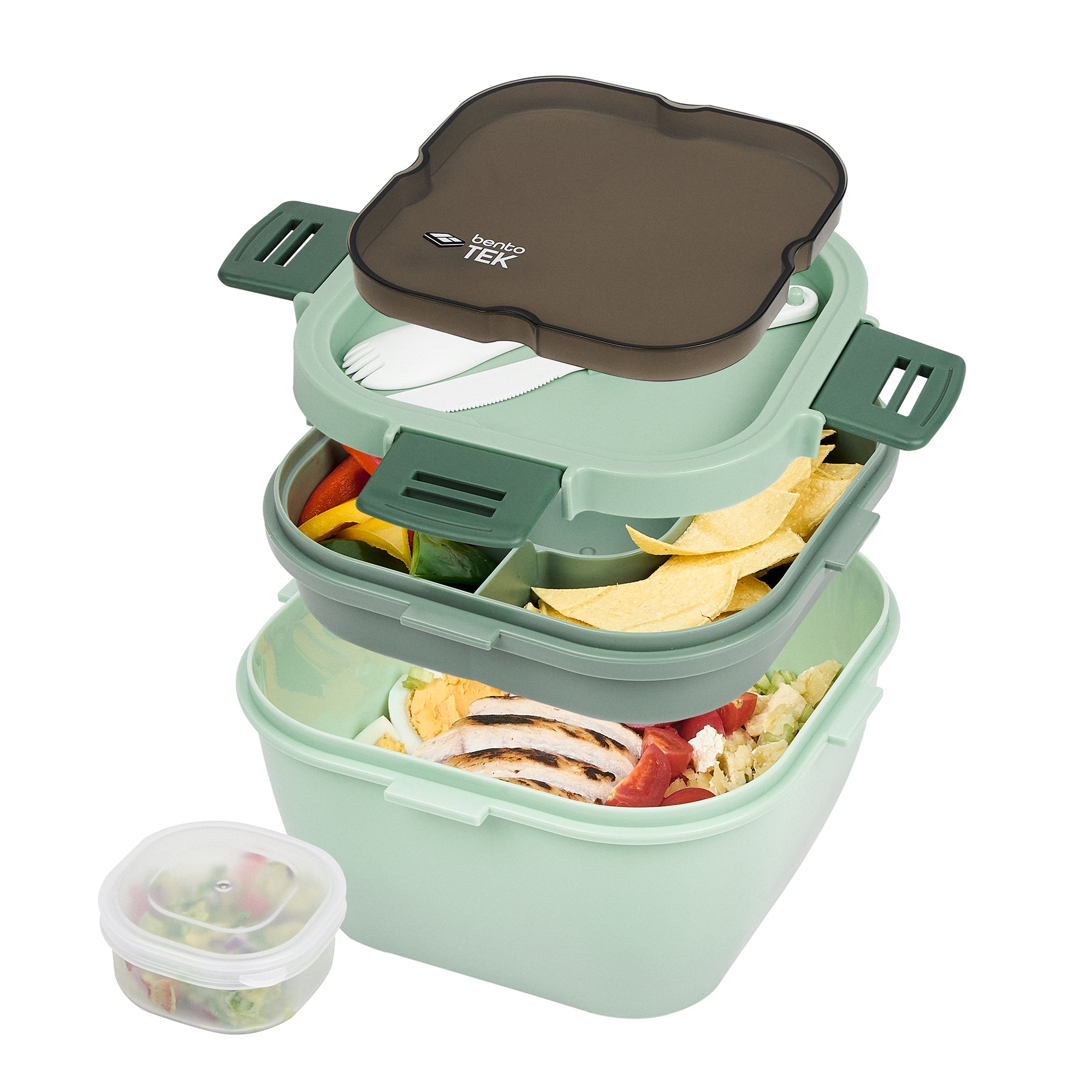 Bento Tek 58 oz Green Lunch Box - BPA-Free, Microwave-Safe, with Fork and Knife - 7 1/4" x 7 1/4" x 4 1/4" - 10 count box