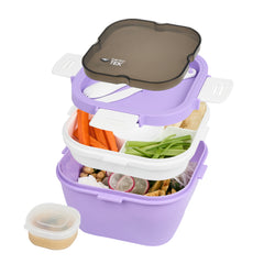 Bento Tek 58 oz Purple and White Lunch Box - BPA-Free, Microwave-Safe, with Fork and Knife - 7 1/4