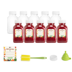 Bottle Tek 100 Square Clear 8 oz Plastic Juice Bottles with Safety Caps - Includes 100 Labels, 10 Funnels and 10 Cleaning Brushes