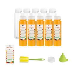 Bottle Tek 100 Round Clear 8 oz Plastic Juice Bottles with Safety Caps - Includes 100 Labels, 10 Funnels and 10 Cleaning Brushes