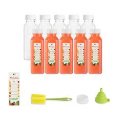 Bottle Tek 100 Square Clear 12 oz Plastic Juice Bottles with Safety Caps - Includes 100 Labels, 10 Funnels and 10 Cleaning Brushes