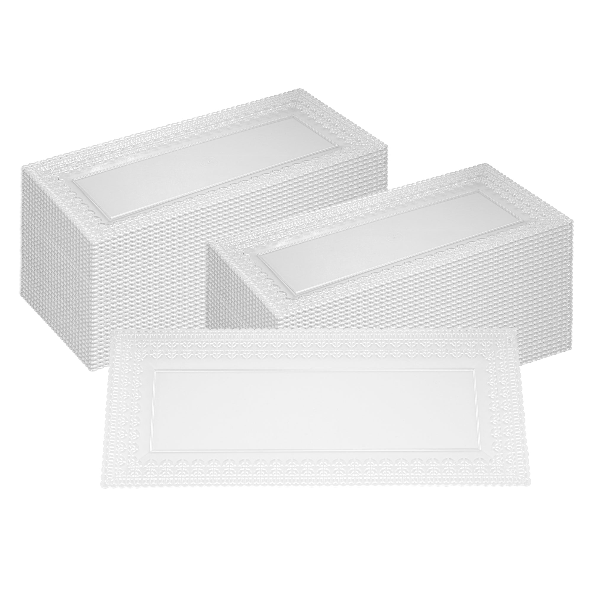 Maxi Serve Rectangle Clear Plastic Plate - with Lace Rim - 14 1/4" x 6 1/4" - 100 count box