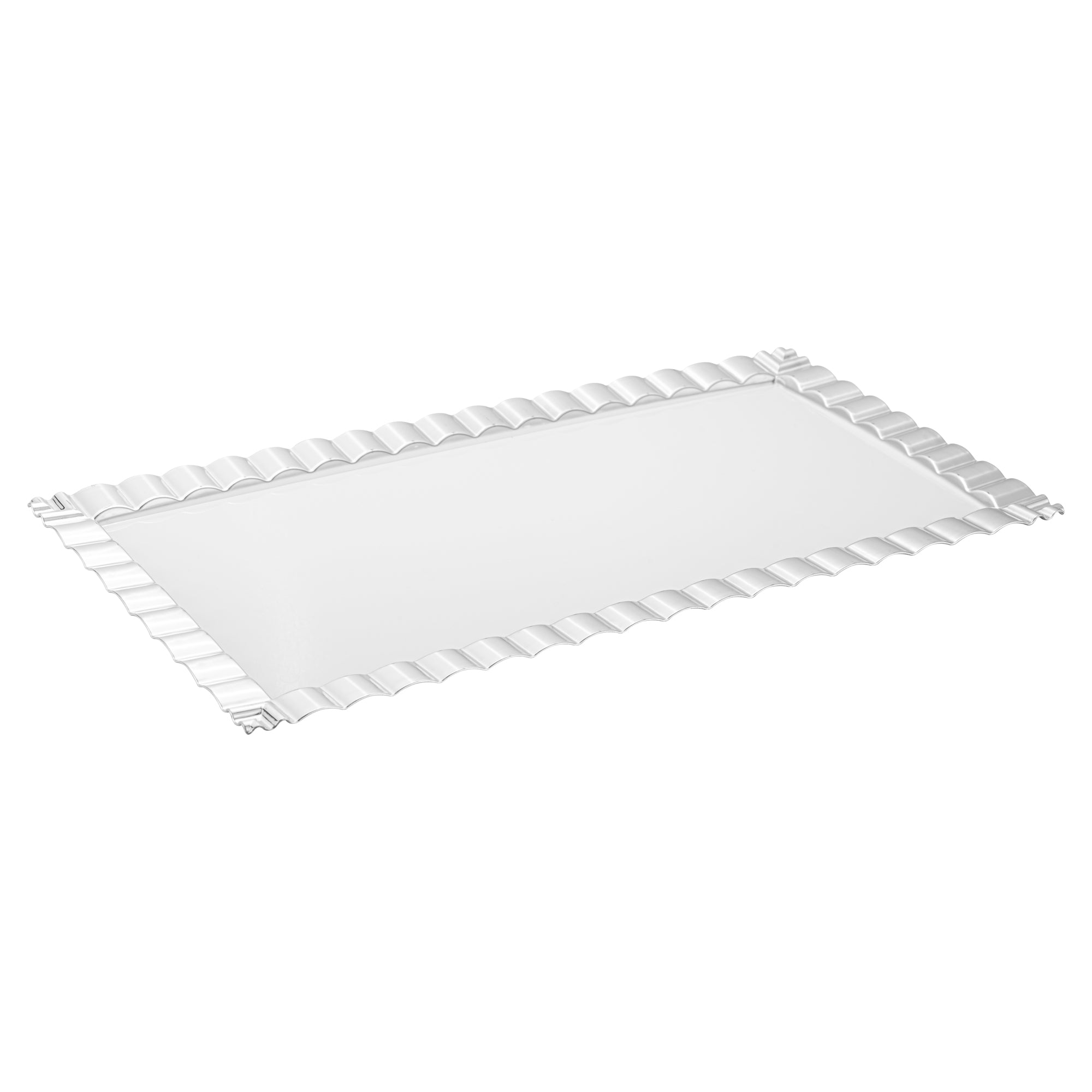 Maxi Serve Rectangle White Plastic Plate - with Silver Ruffled Rim - 17" x 9" - 100 count box