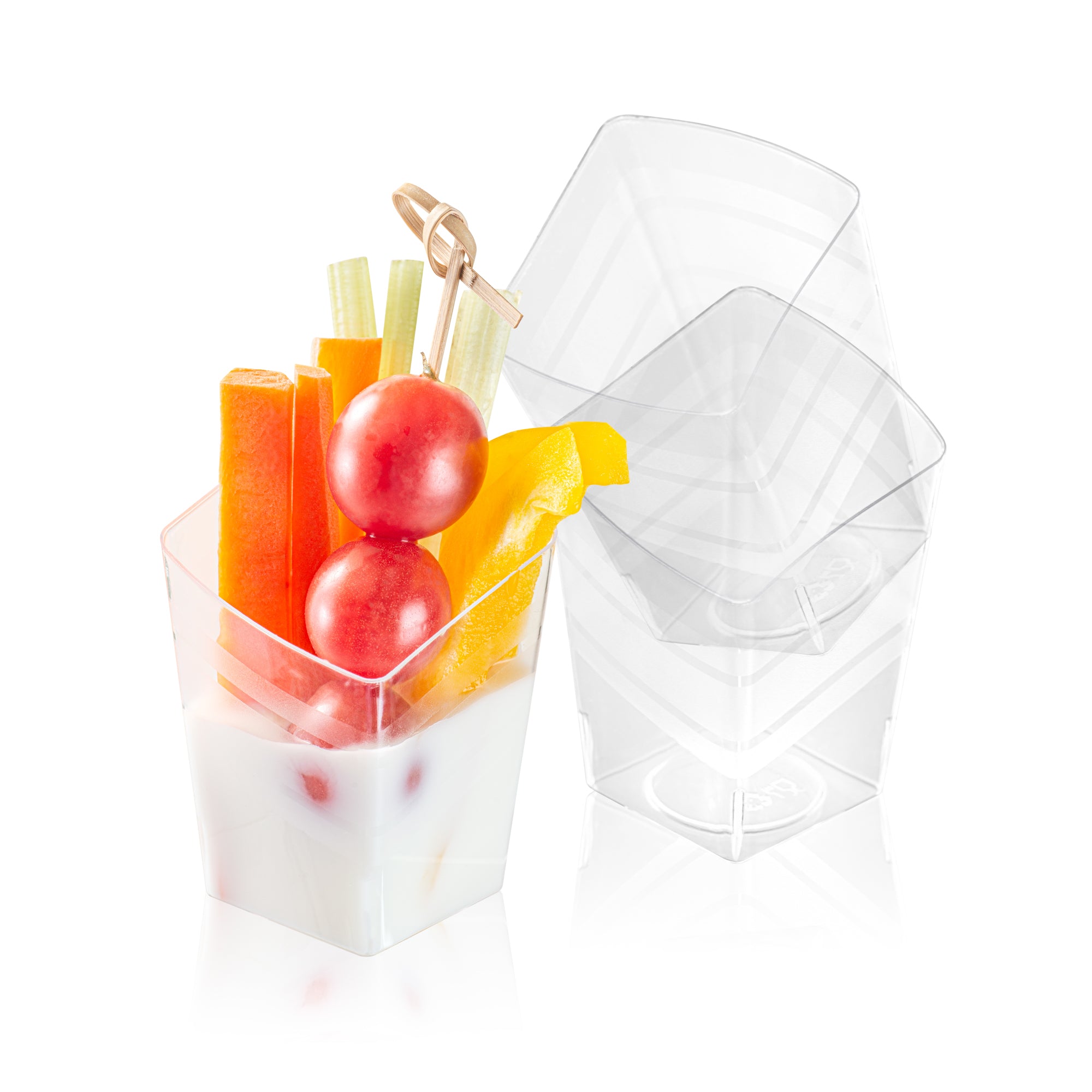 Mini Serve 3 oz Rounded Diamond Clear Plastic Incline Cup - with Stripes - 2" x 2" x 3" - 100 count box