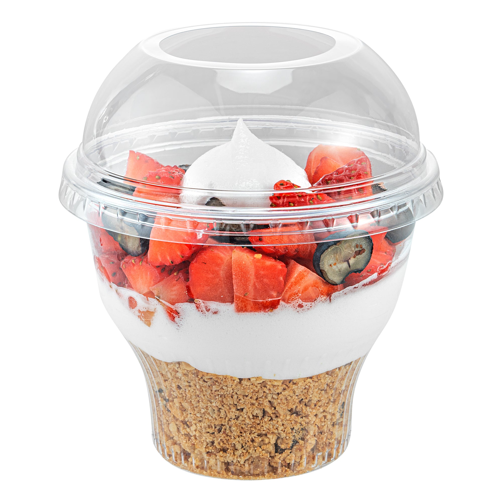 RW Base Round Clear Plastic Dome Lid - Fits Plastic Dessert Cup, with Hole - 3 3/4" x 3 3/4" x 1 1/2" - 500 count box