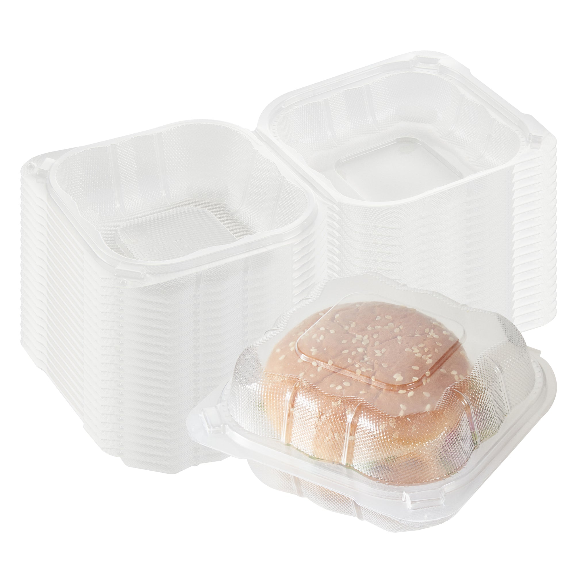 RW Base 13 oz Square Clear Plastic Clamshell Container - Anti-Fog, Microwavable - 5 1/2" x 5 1/2" x 2 3/4" - 100 count box