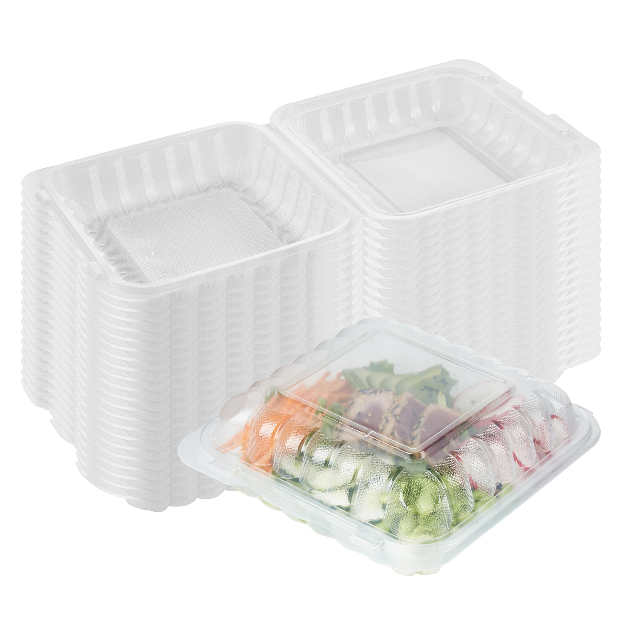 RW Base 34 oz Square Clear Plastic Clamshell Container - Microwavable - 8" x 8" x 3" - 100 count box