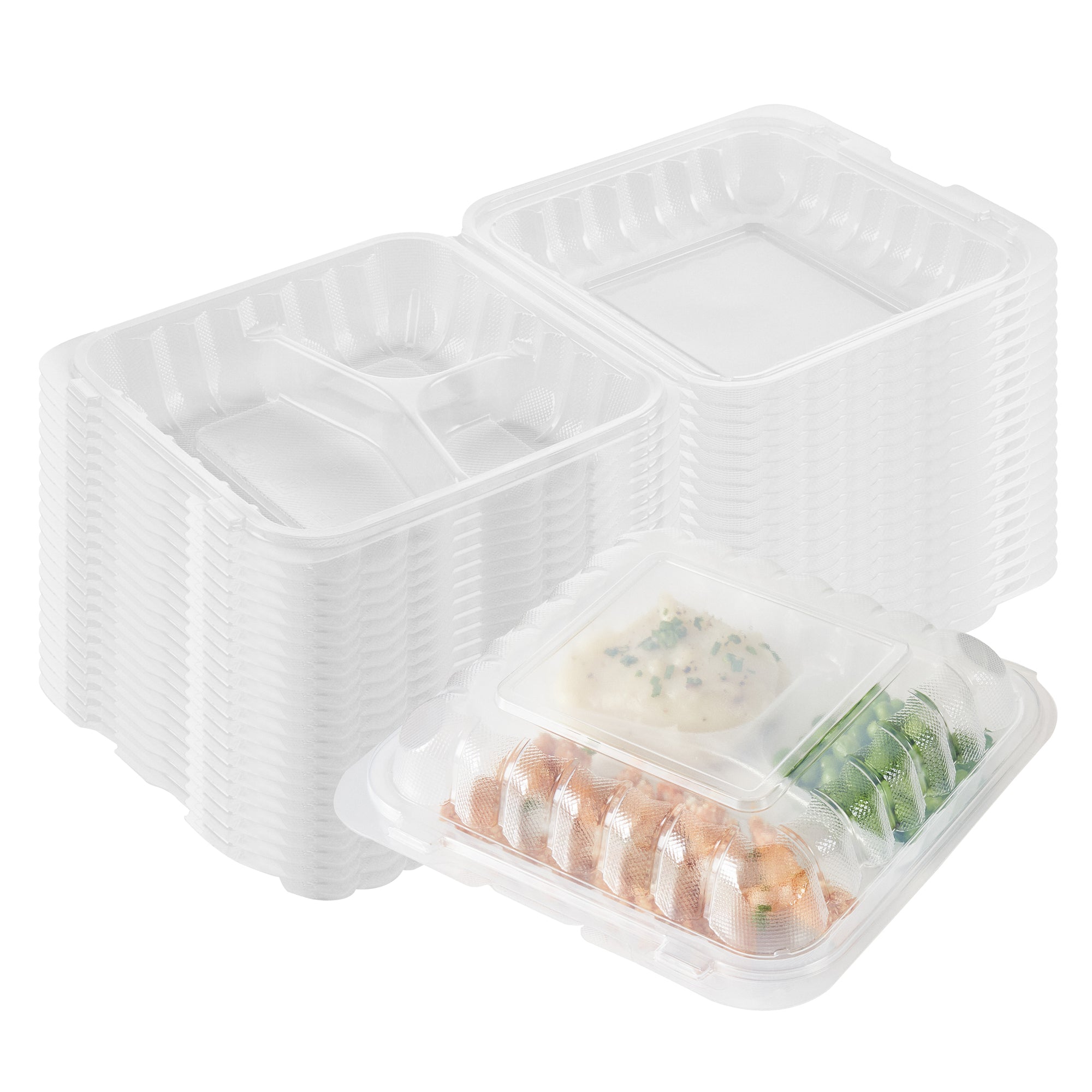 RW Base 34 oz Square Clear Plastic Clamshell Container - 3 Compartments, Microwavable - 8" x 8" x 3" - 100 count box