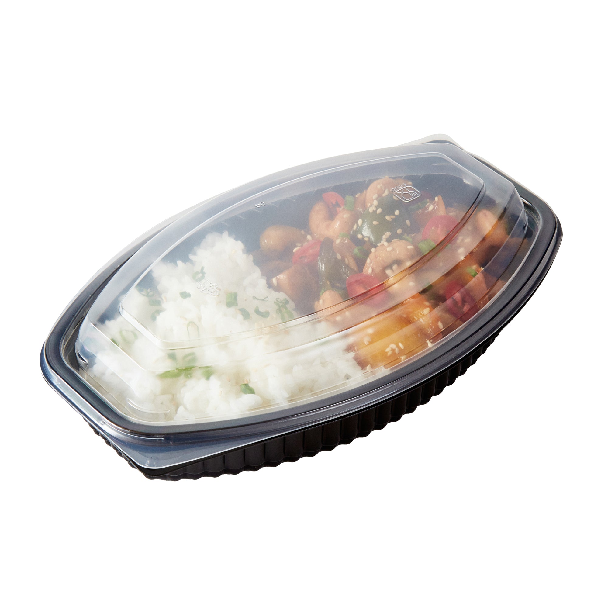 RW Base 21 oz Oval Black Plastic Food Container - with Clear Lid, Microwavable - 9 1/4" x 5 3/4" x 2 1/4" - 100 count box