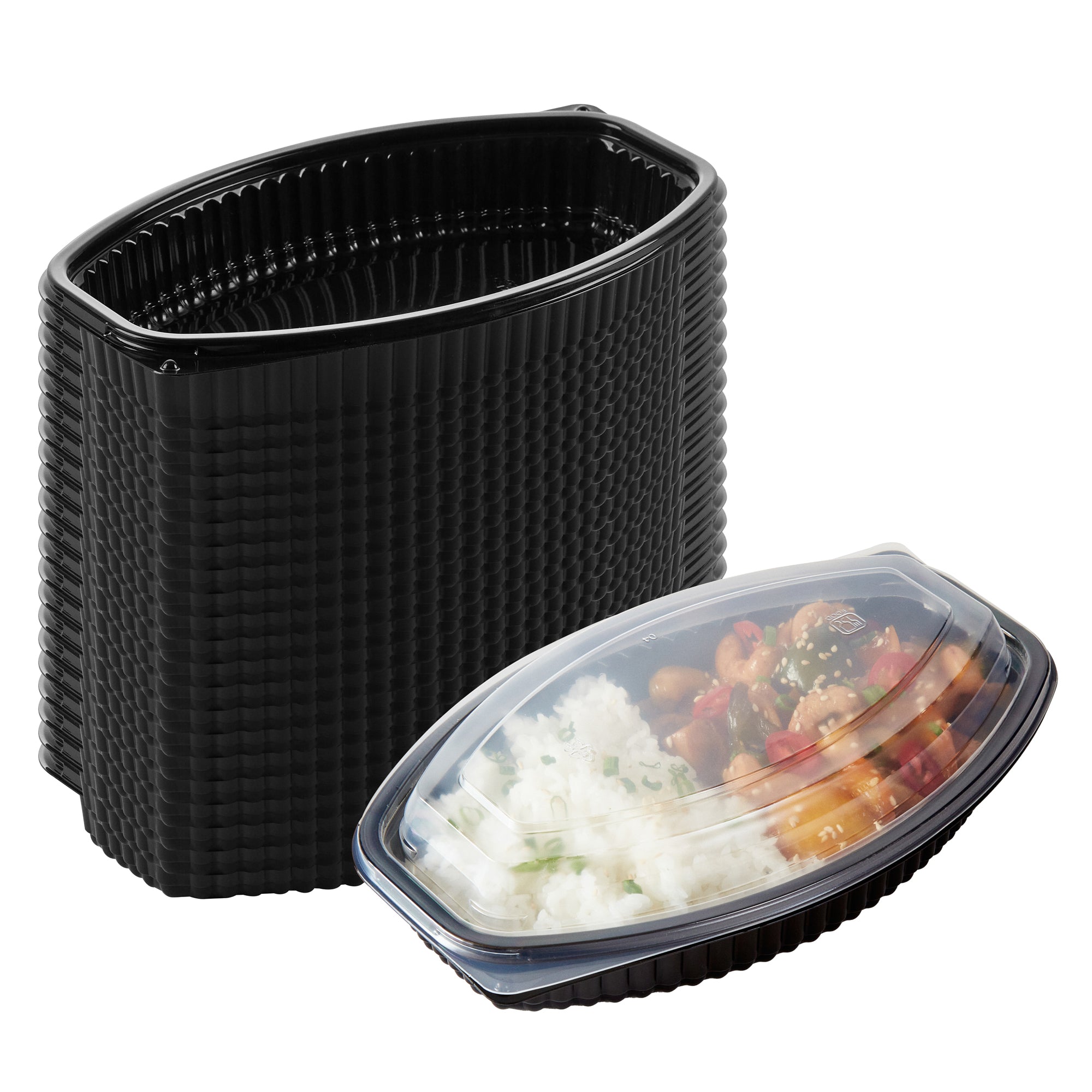 RW Base 21 oz Oval Black Plastic Food Container - with Clear Lid, Microwavable - 9 1/4" x 5 3/4" x 2 1/4" - 100 count box