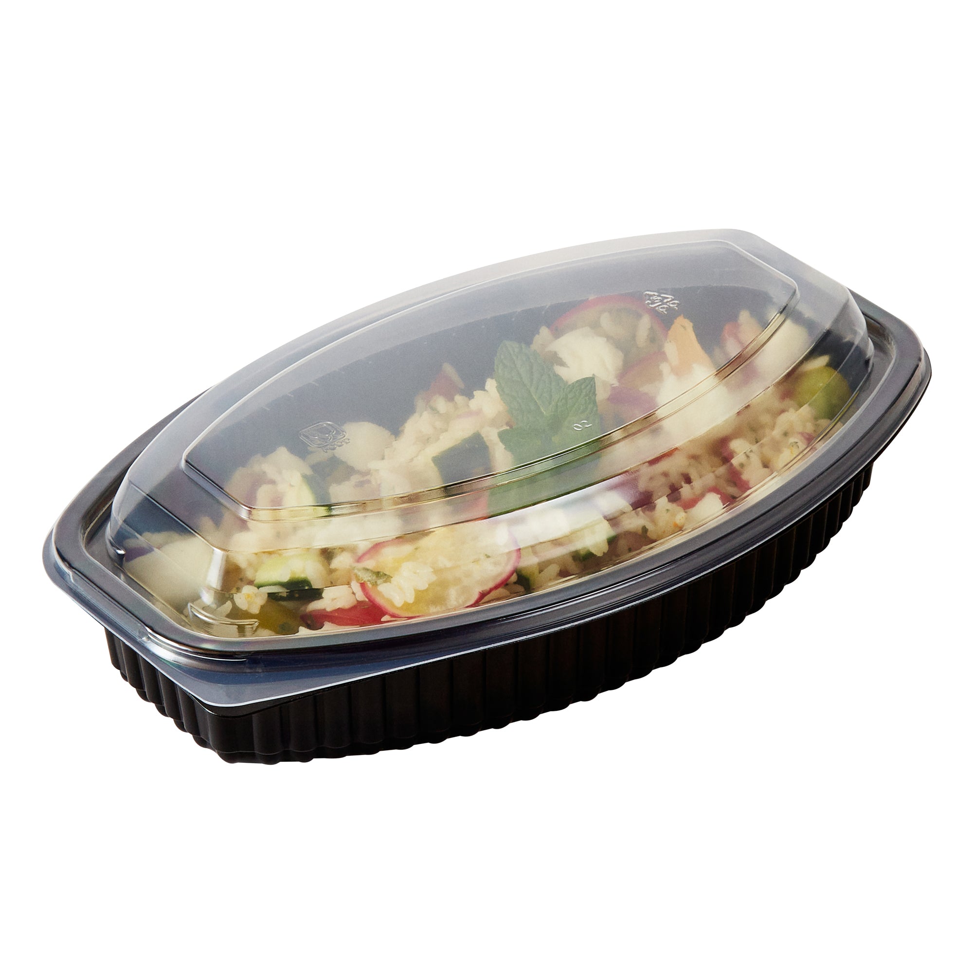 RW Base 24 oz Oval Black Plastic Food Container - with Clear Lid, Microwavable - 9 1/4" x 5 3/4" x 2 1/2" - 100 count box