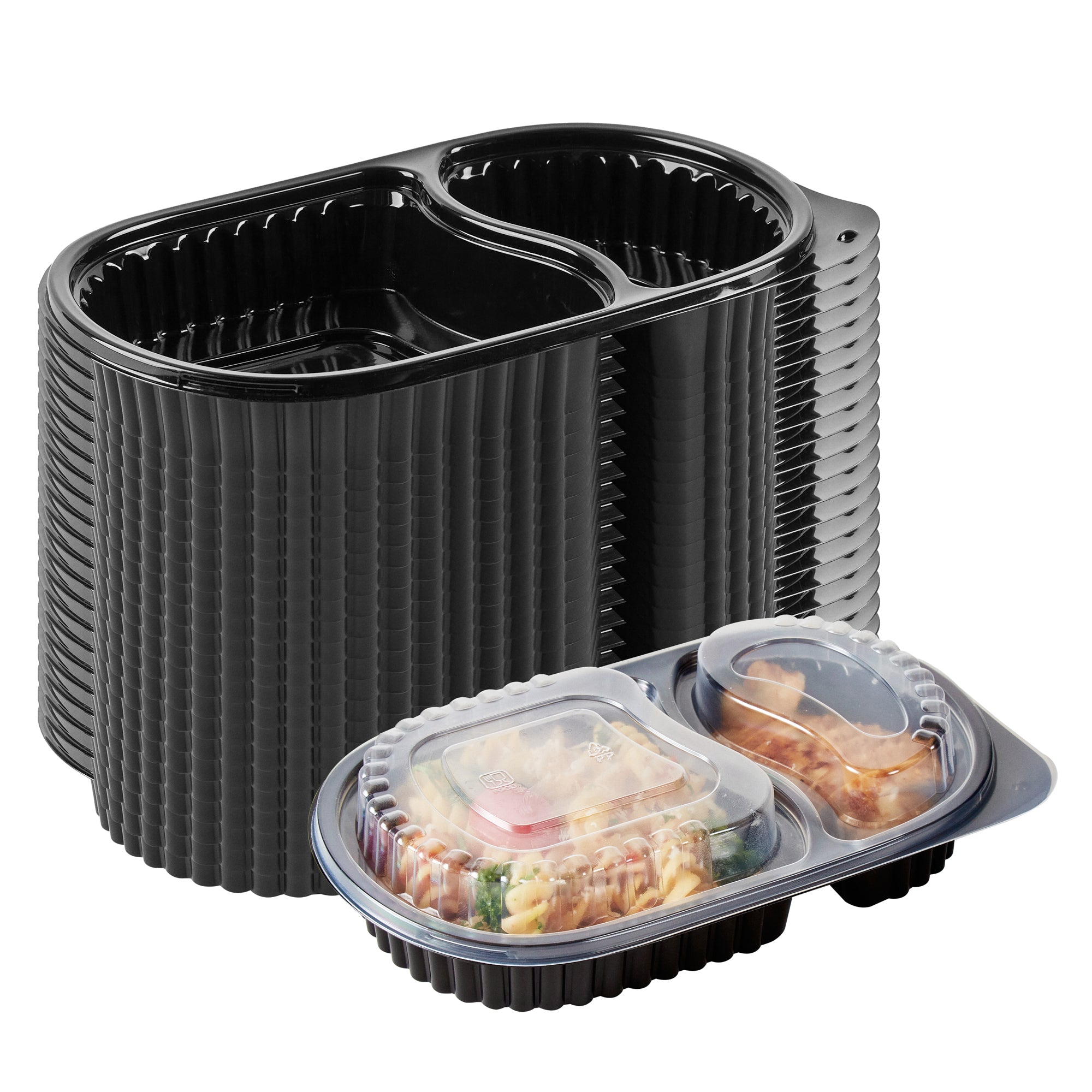 RW Base 20 oz Oval Black Plastic Food Container - with Clear Dome Lid, Microwavable - 9 1/4" x 6" x 2 1/4" - 100 count box