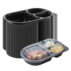 RW Base 19 oz Oval Black Plastic Food Container - with Clear Lid, 3 Compartments, Microwavable - 9 1/4