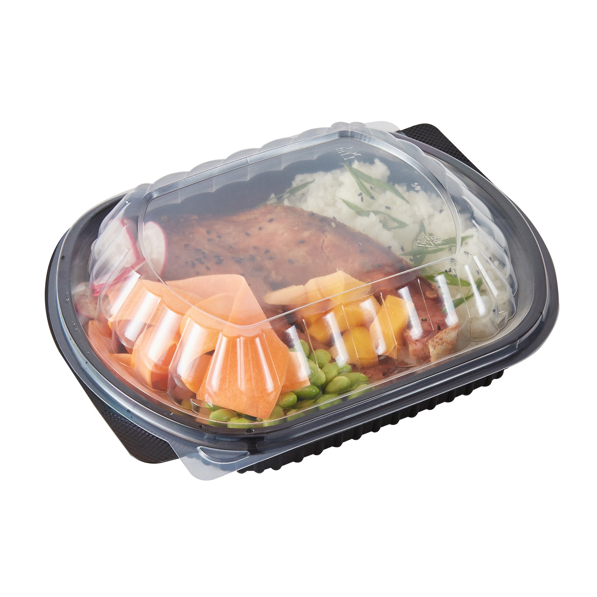 RW Base 34 oz Oval Black Plastic Food Container - with Clear Lid, Microwavable - 9 1/2" x 8" x 2 3/4" - 100 count box