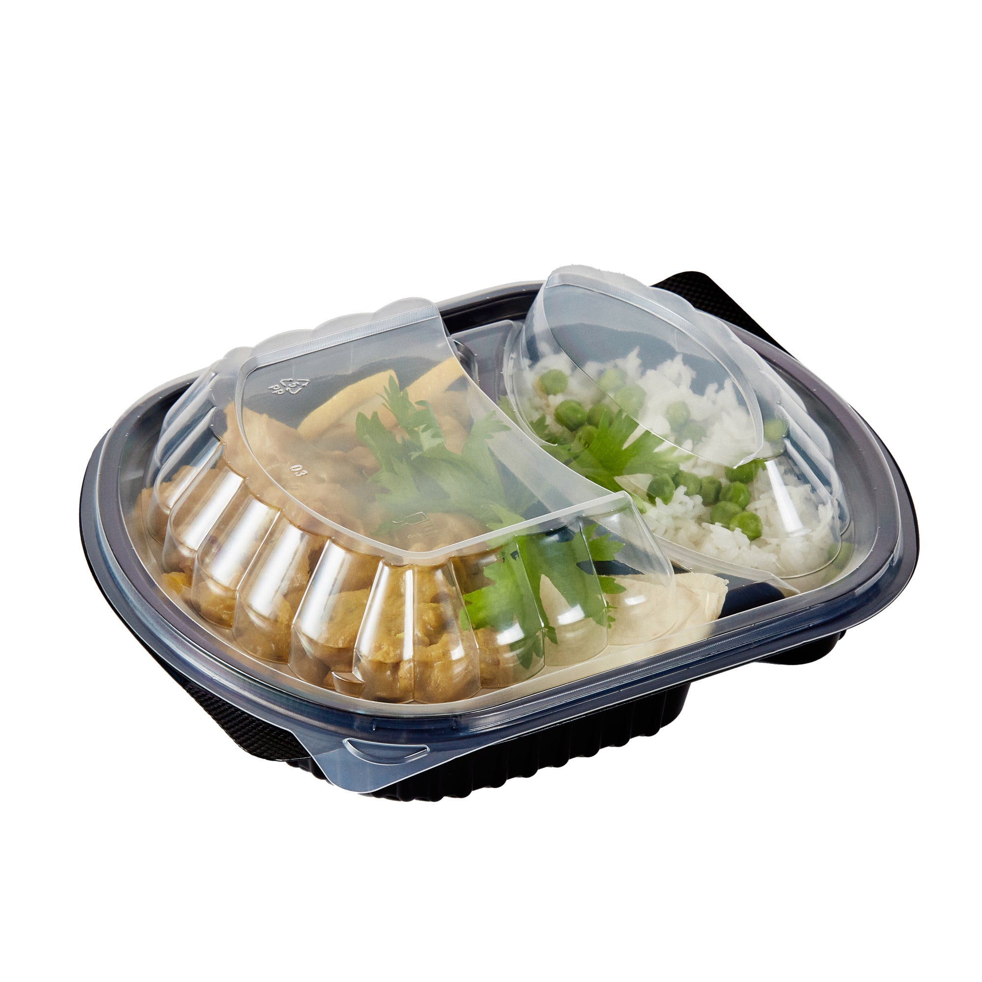 RW Base 28 oz Oval Black Plastic Food Container - with Clear Lid, 2 Compartments, Microwavable - 9 1/2" x 8" x 2 3/4" - 100 count box