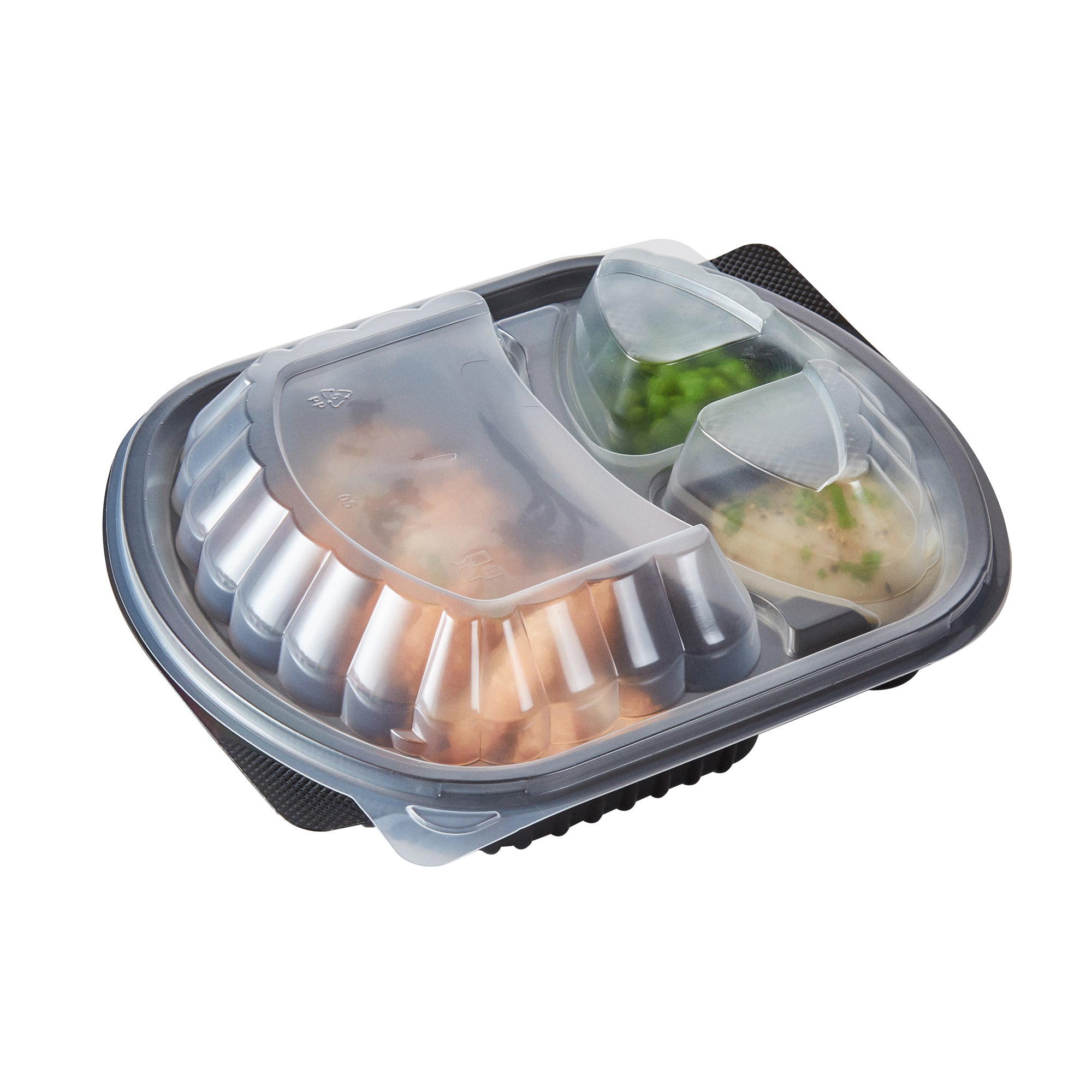 RW Base 27 oz Oval Black Plastic Food Container - with Clear Lid, 3 Compartments, Microwavable - 9 1/2" x 8" x 2 3/4" - 100 count box