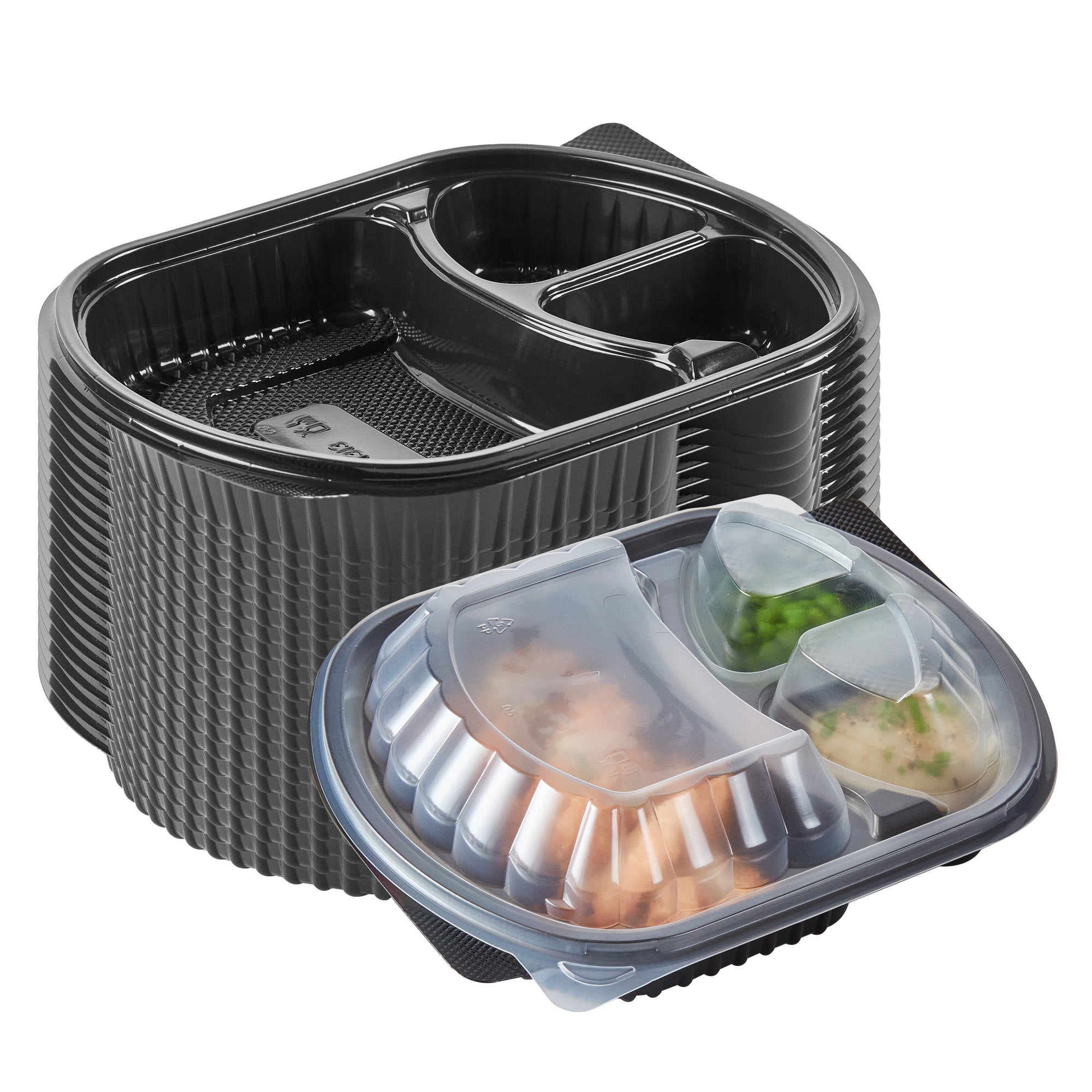 RW Base 27 oz Oval Black Plastic Food Container - with Clear Lid, 3 Compartments, Microwavable - 9 1/2" x 8" x 2 3/4" - 100 count box