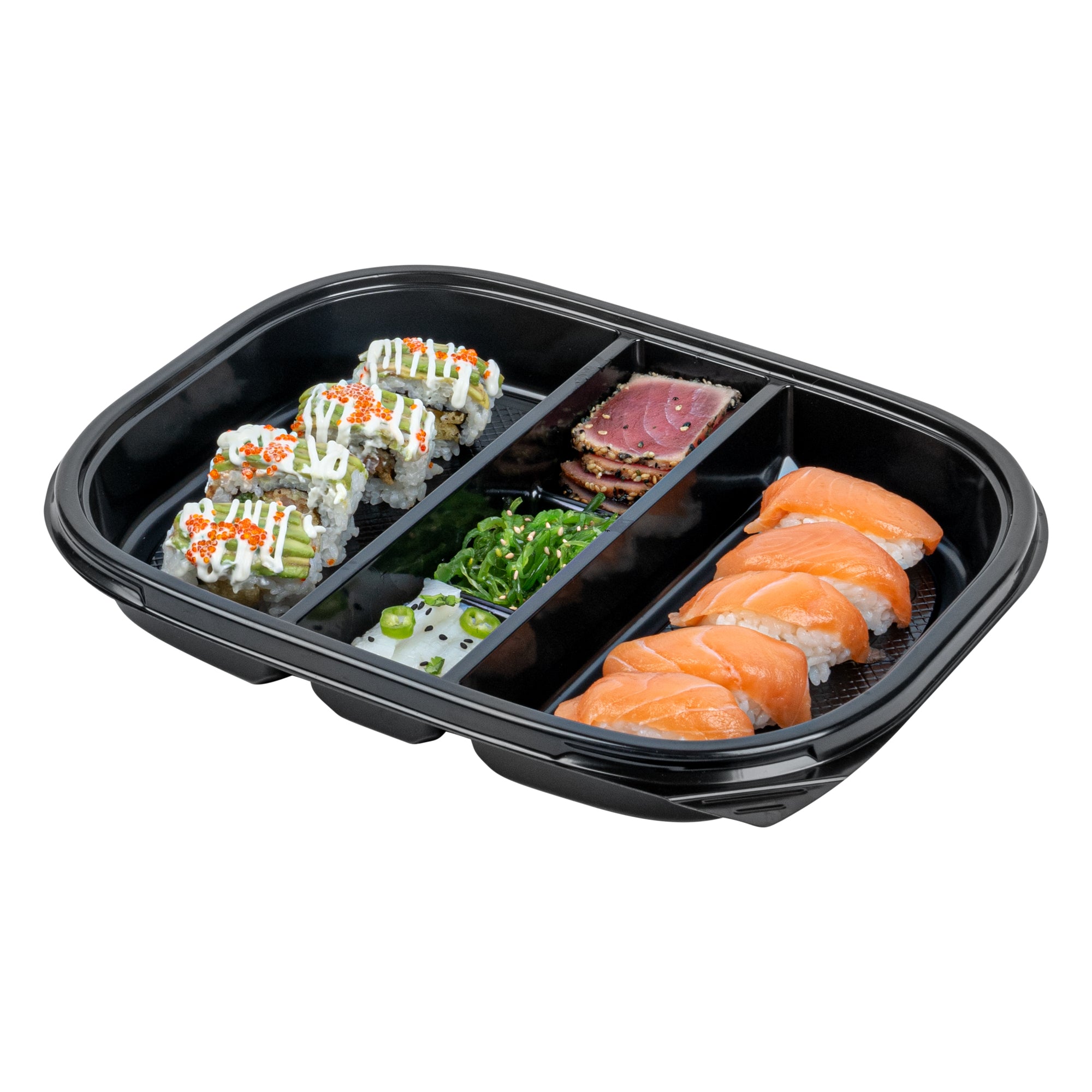 Bento Tek 51 oz Rectangle Black Plastic Bento Box - 5 Compartments - 12 1/4" x 9 3/4" x 1 1/2" - 100 count box