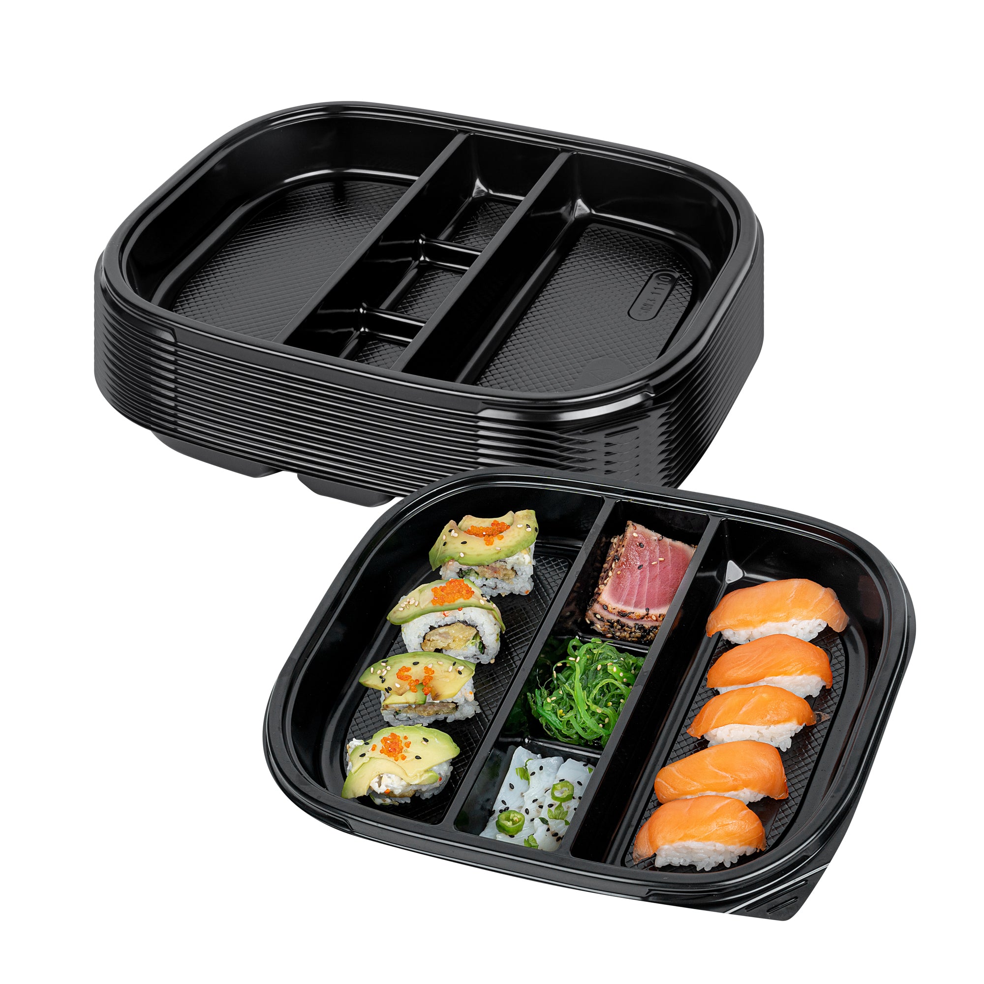 Bento Tek 51 oz Rectangle Black Plastic Bento Box - 5 Compartments - 12 1/4" x 9 3/4" x 1 1/2" - 100 count box