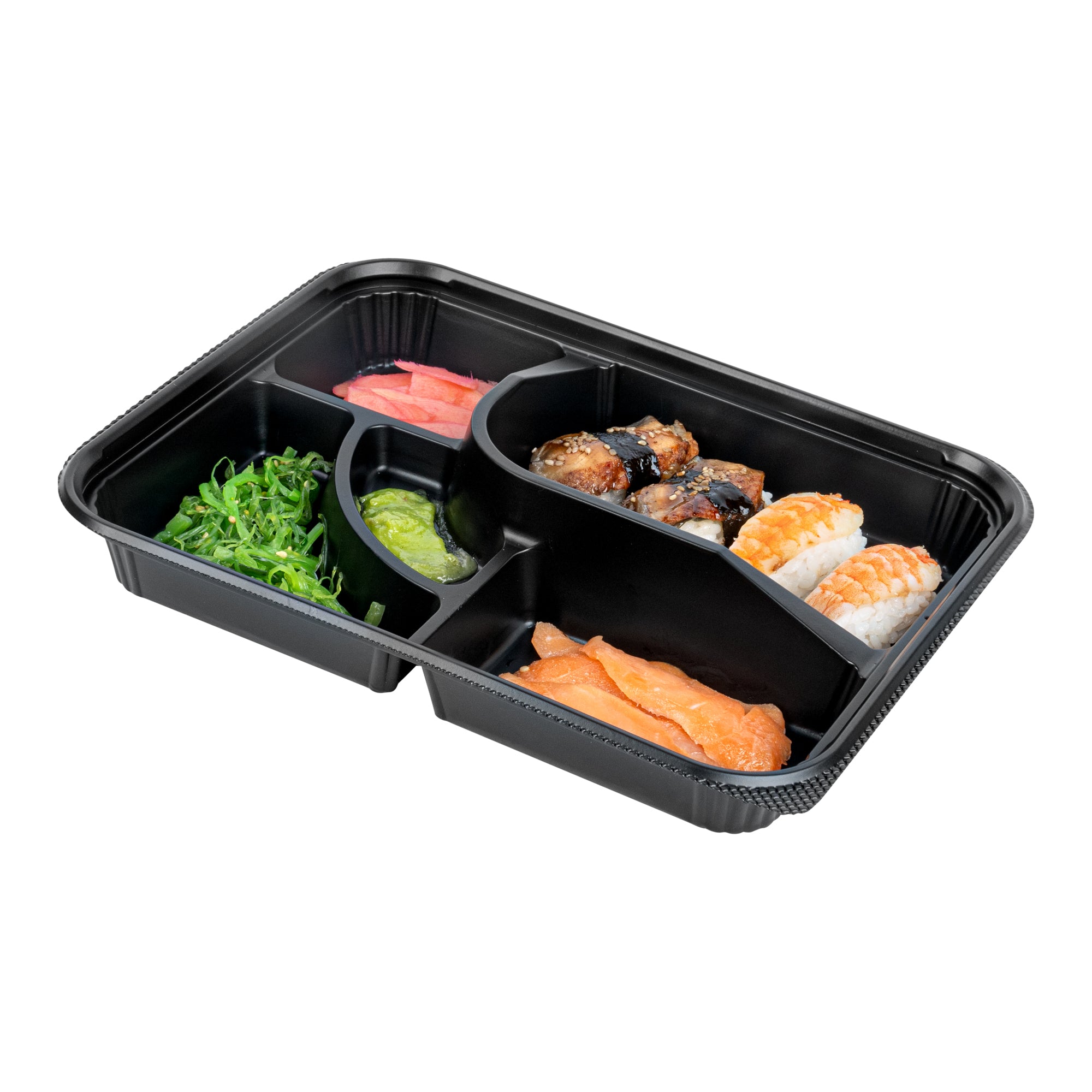 Bento Tek 26 oz Rectangle Black Plastic Bento Box - 5 Compartments - 10 1/2" x 8" x 1 3/4" - 100 count box