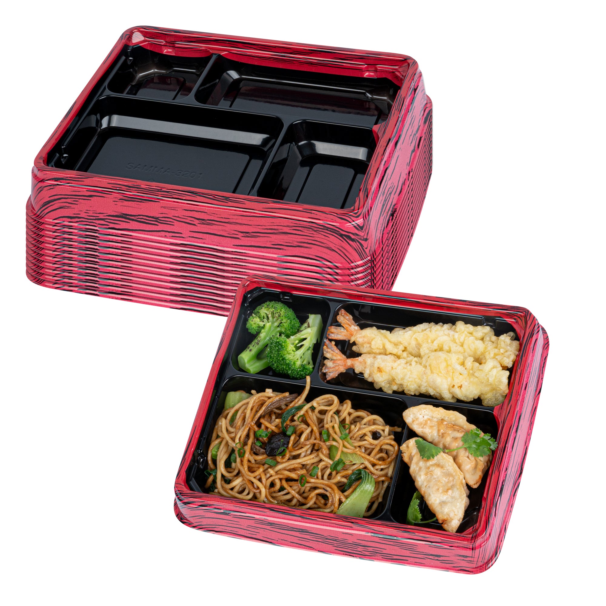 Bento Tek 15 oz Rectangle Red and Black Plastic Bento Box - 4 Compartments - 8 3/4" x 7 1/2" x 1 1/4" - 100 count box