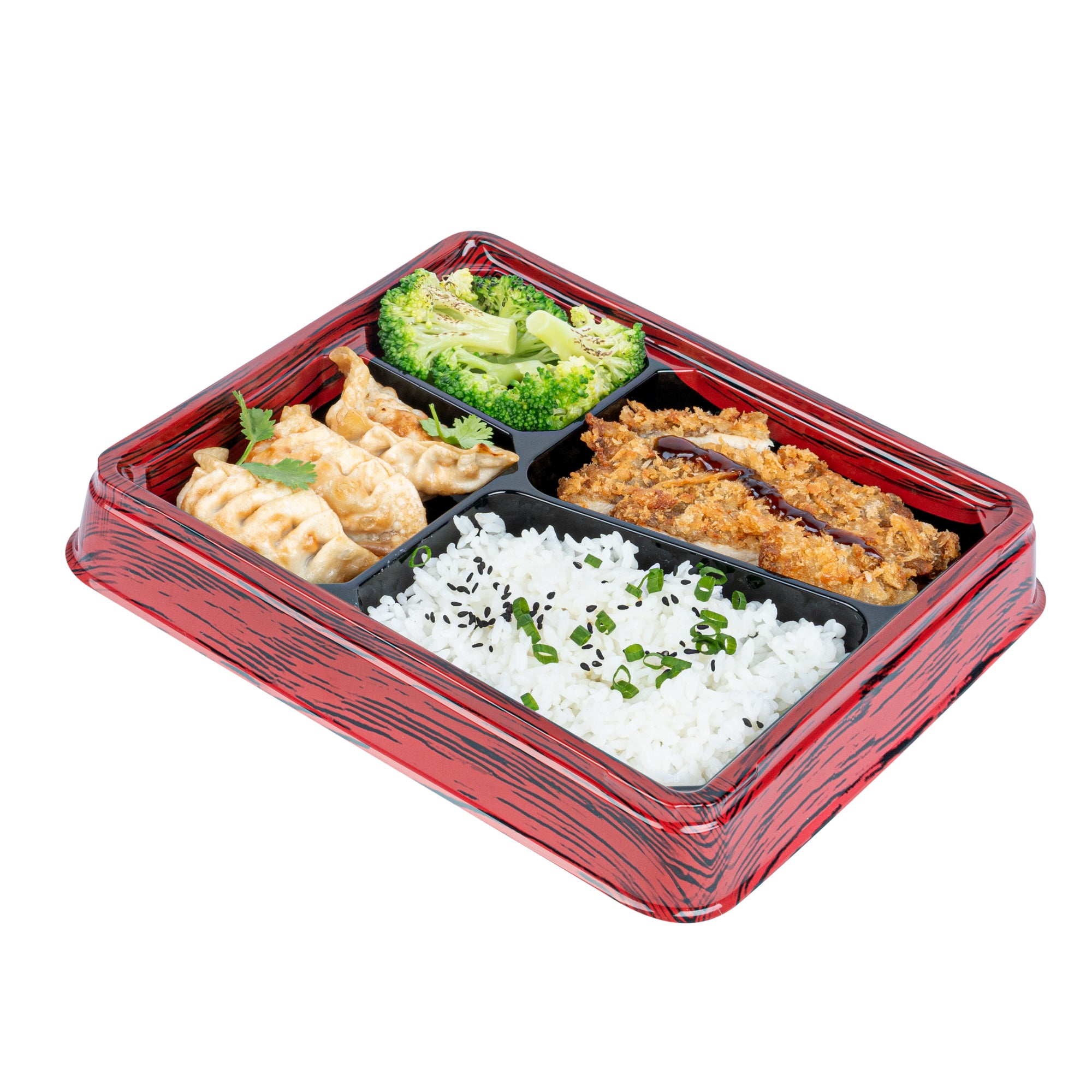 Bento Tek 19 oz Rectangle Red and Black Plastic Bento Box - 4 Compartments - 9 1/4" x 7 3/4" x 1 1/4" - 100 count box